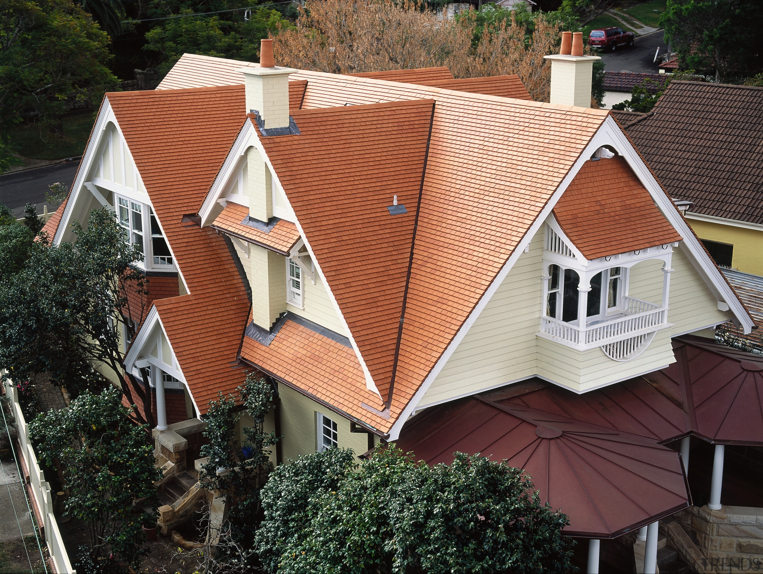 Steep pitched roof on two storey home with cottage, facade, home, house, outdoor structure, property, real estate, residential area, roof, siding, window, wood, black