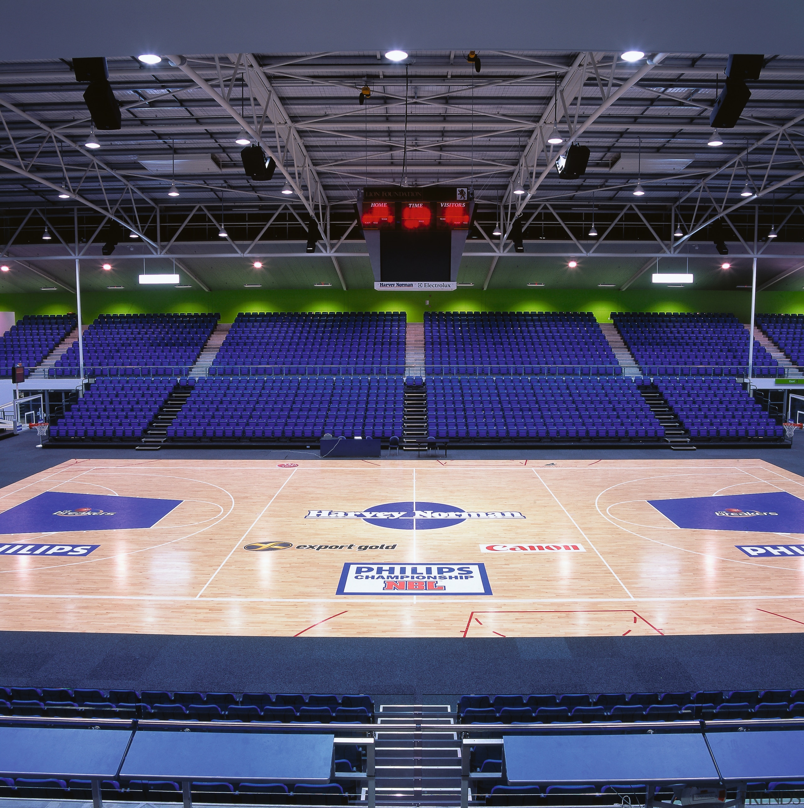 Indoor basketball court with blue seats, and floodlights arena, basketball court, leisure centre, line, player, sport venue, sports, stadium, structure, blue