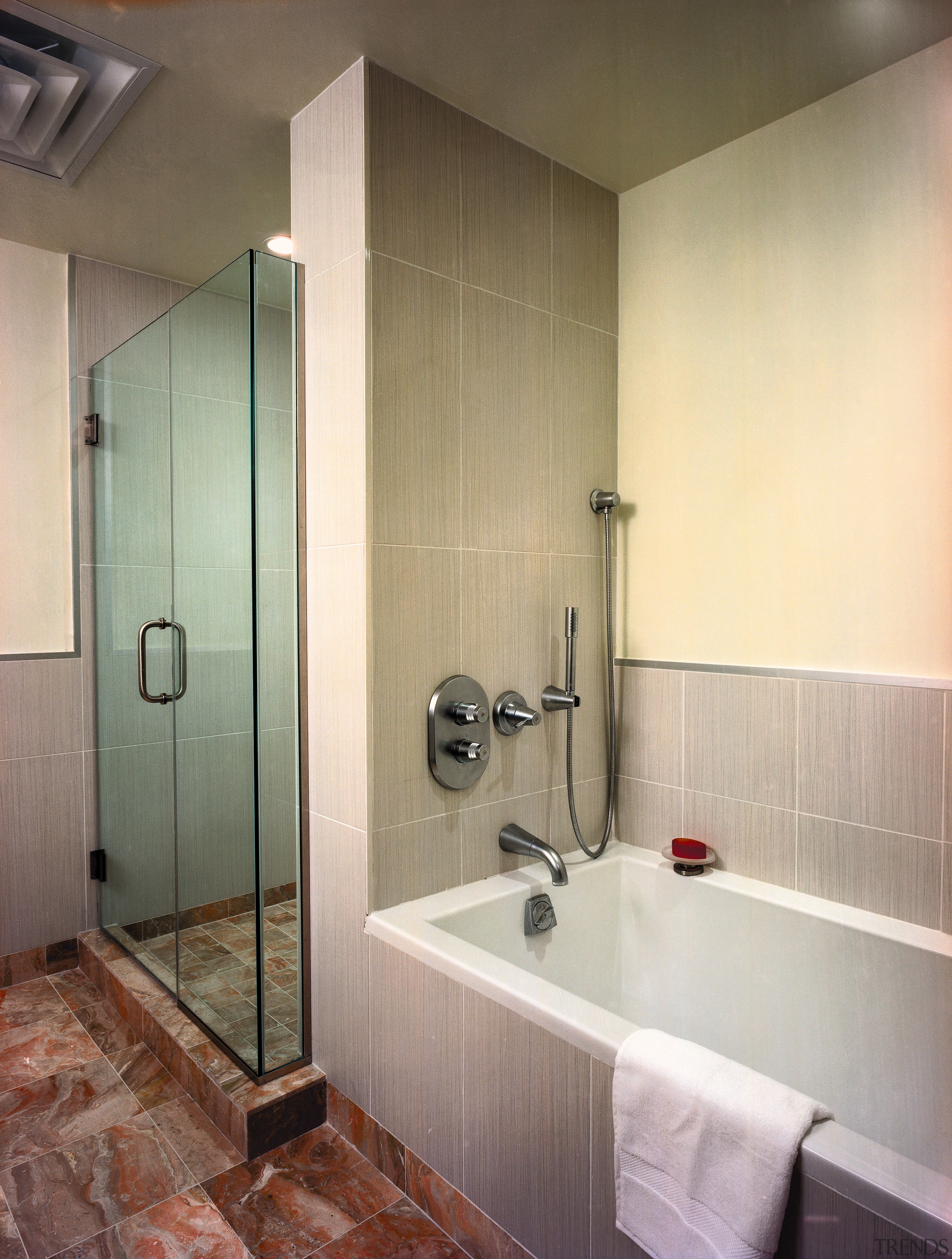 View of bathroom showing bath with tiled surround, bathroom, ceiling, floor, interior design, plumbing fixture, property, real estate, room, tile, wall, white, gray, brown