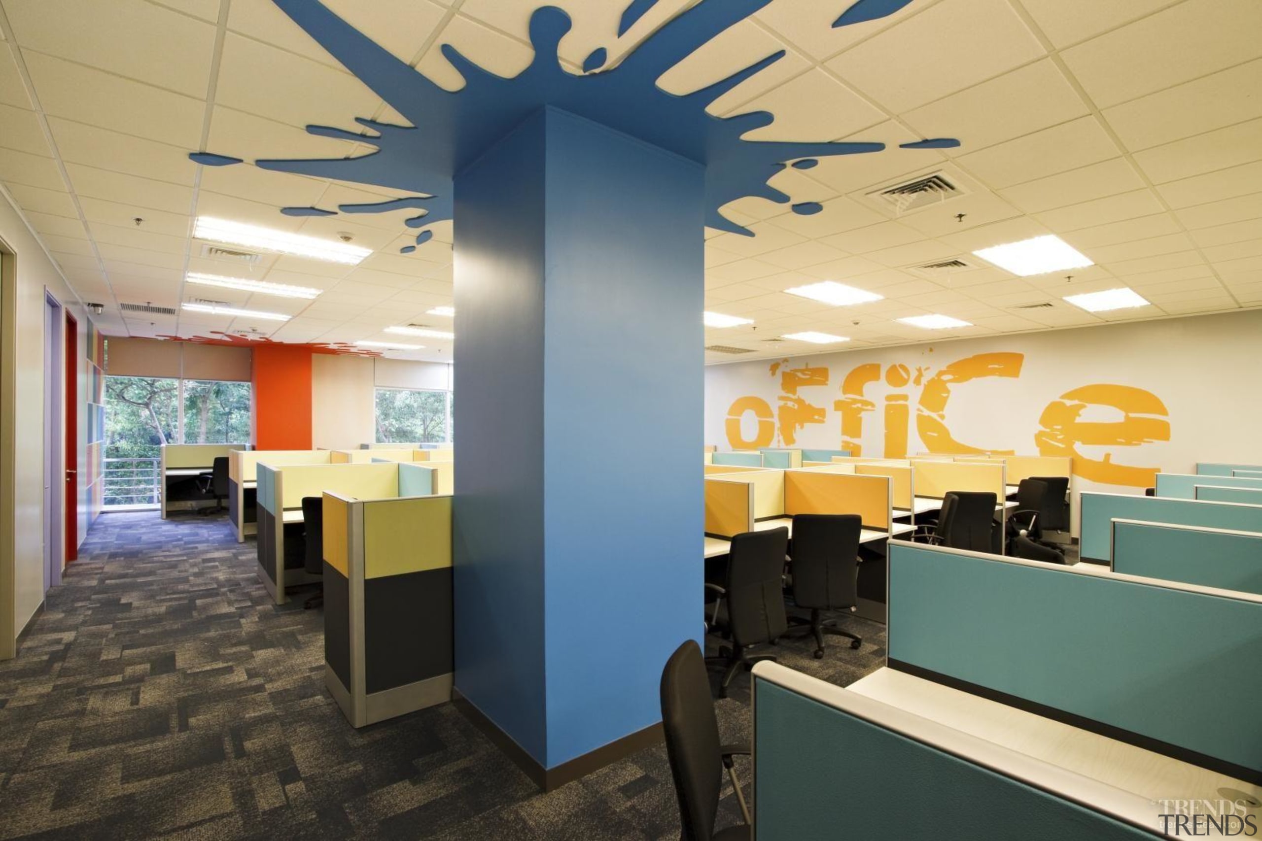 Splashes of colour and spray painted graphics enliven ceiling, interior design, office, orange