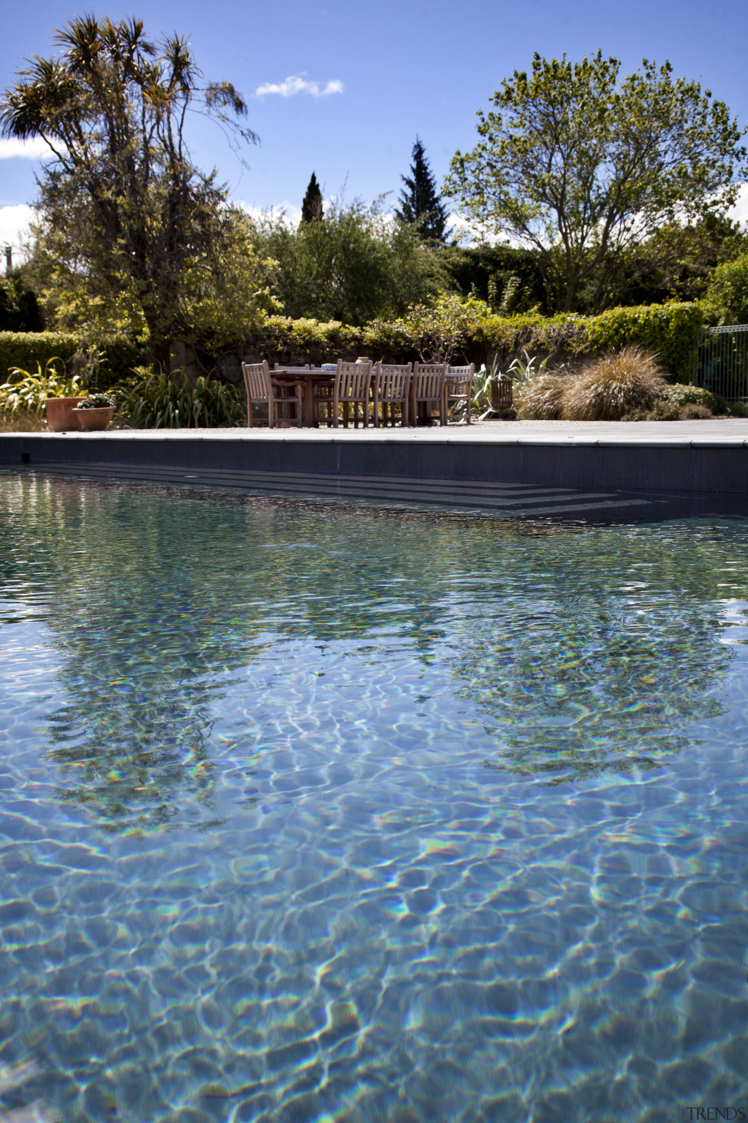 View of pool and landscaping. - View of body of water, lake, leisure, nature, plant, pond, reflection, reservoir, sky, swimming pool, tree, water, water feature, water resources, teal