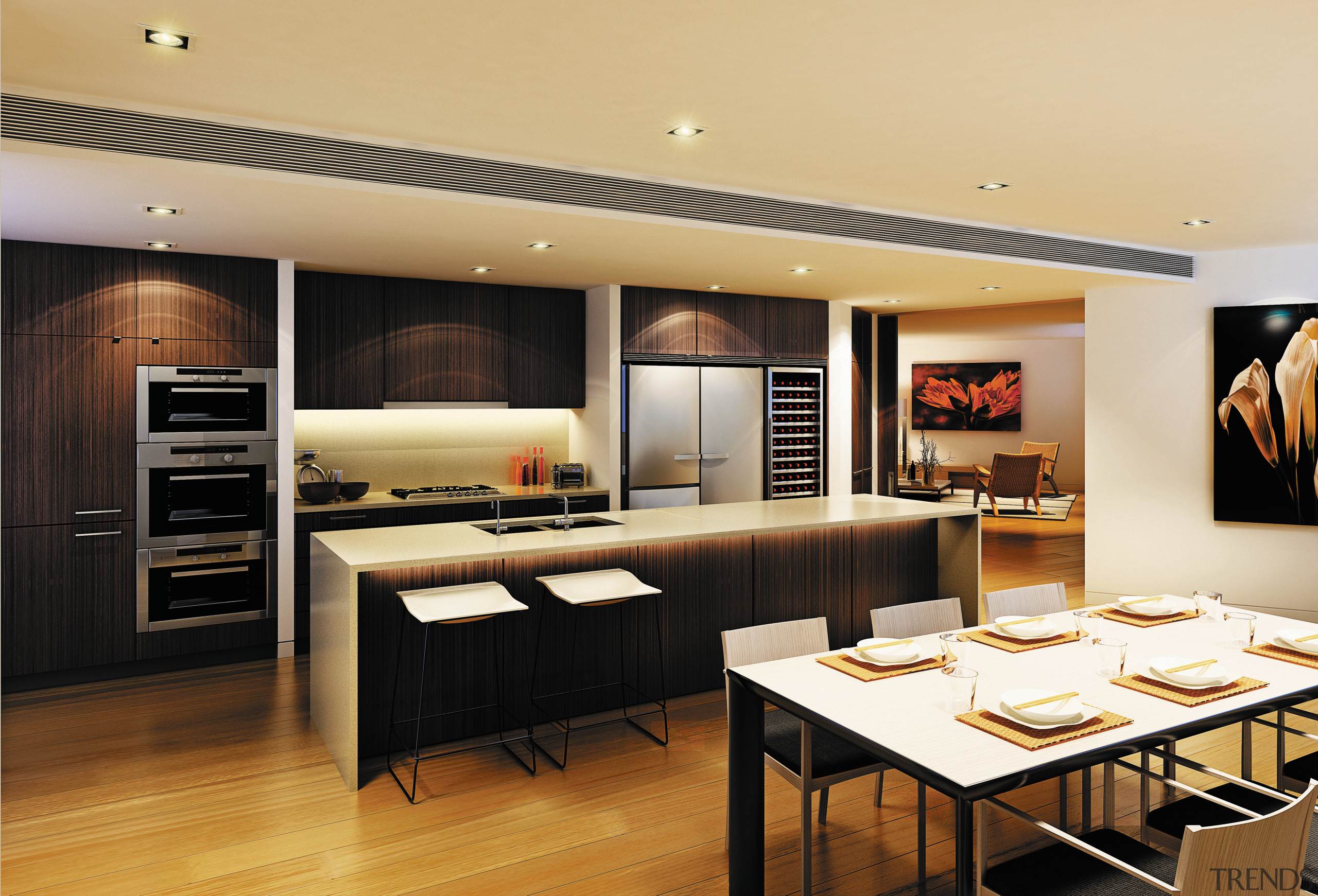 The new 155SGE Wine cabinet offers a combination interior design, kitchen, living room, table, orange, black