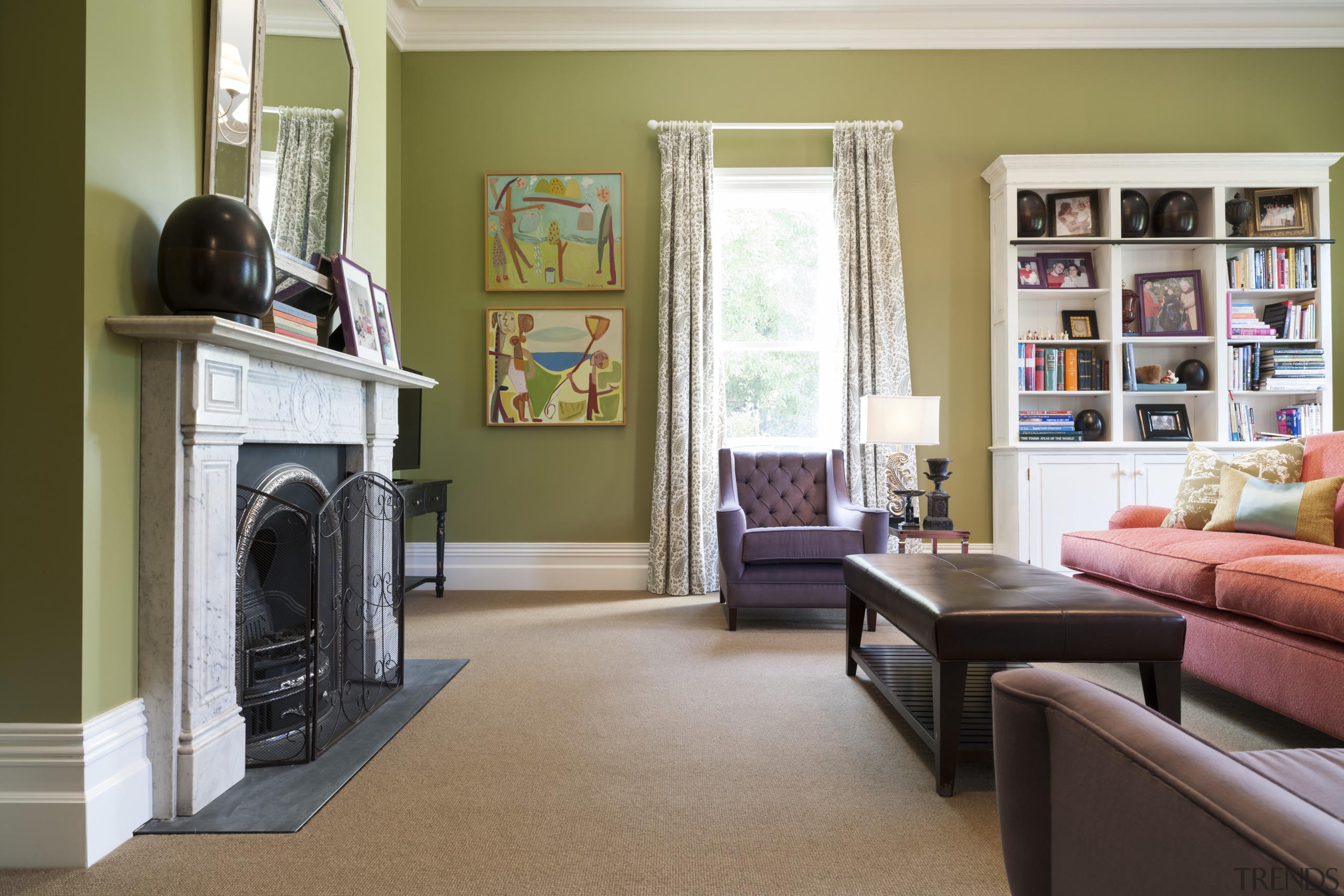 The classic-look furniture in this semi-formal living room bookcase, floor, flooring, furniture, home, interior design, living room, real estate, room, shelving, window, brown, gray