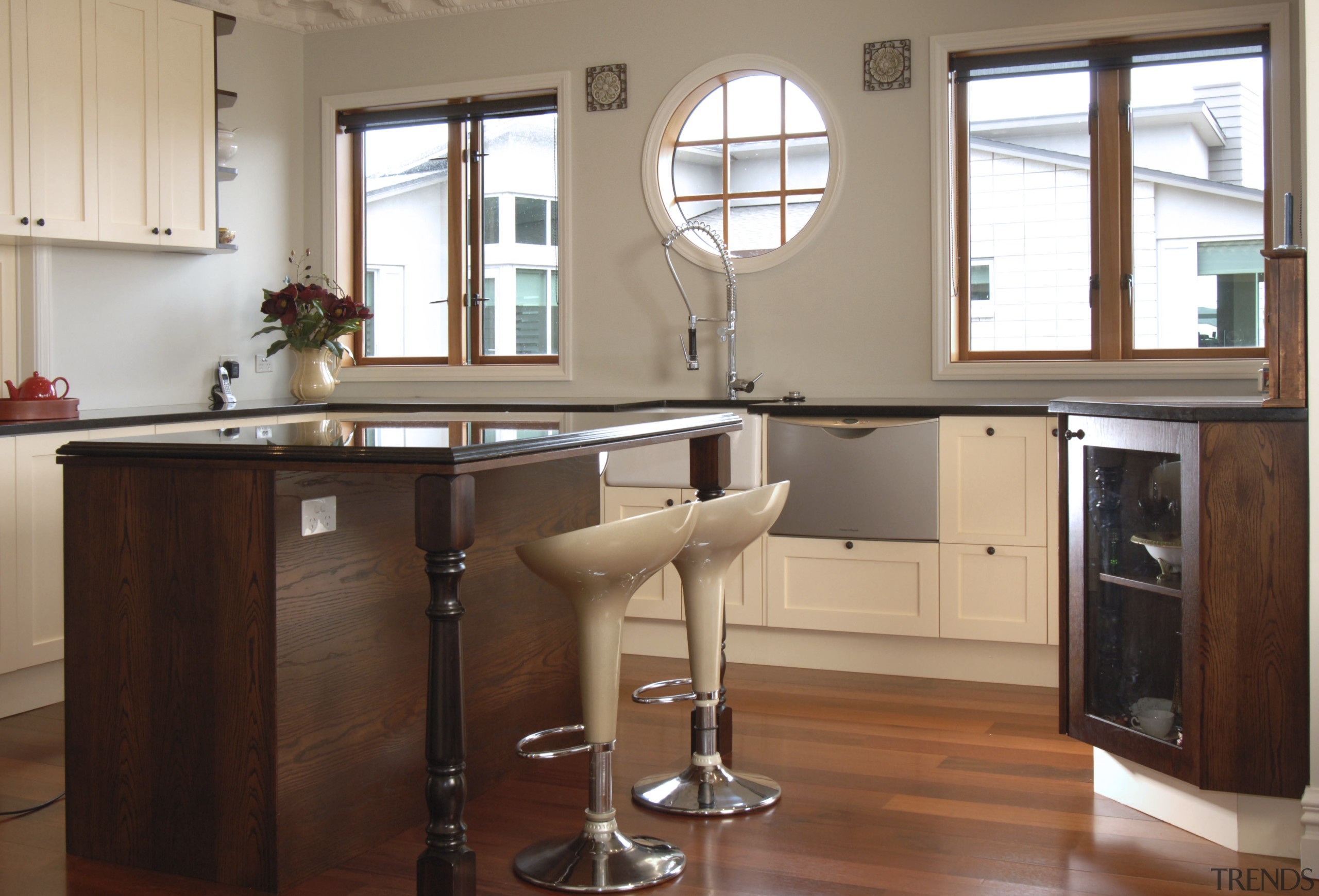 A view of a home designed by MF cabinetry, countertop, cuisine classique, furniture, hardwood, interior design, kitchen, table, wood, brown, white