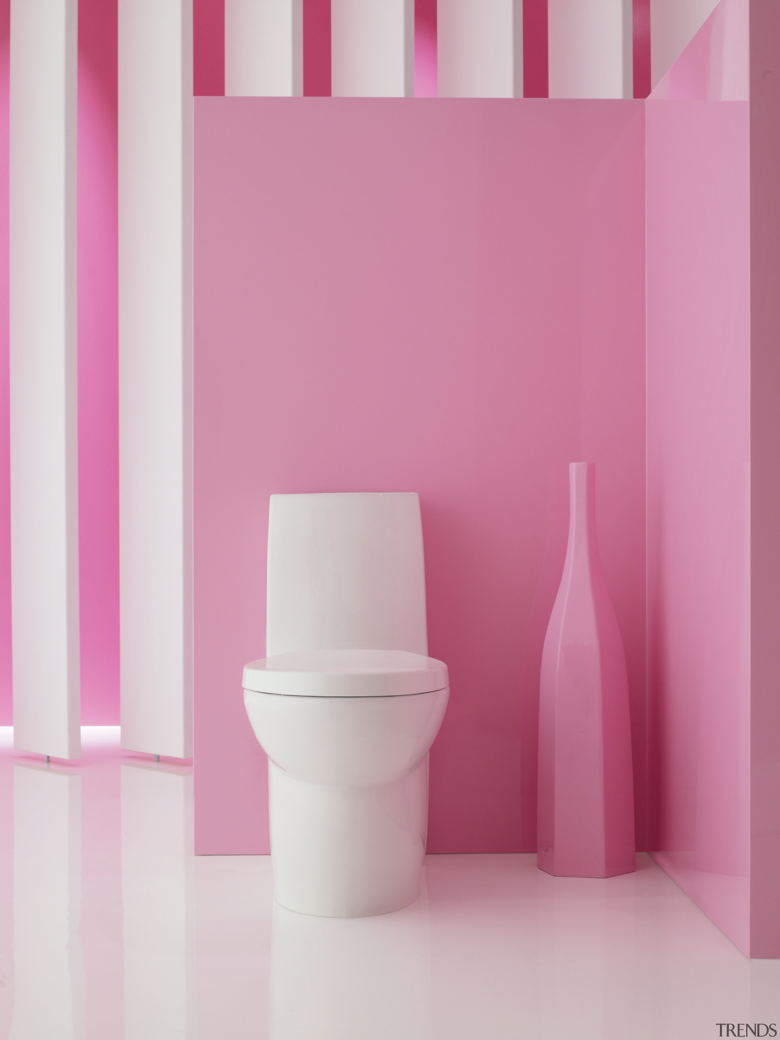 New Kohler bathroom fixtures include the Oblo faucet; bathroom, ceramic, interior design, magenta, pink, plumbing fixture, product design, purple, shelf, tap, toilet, pink, gray