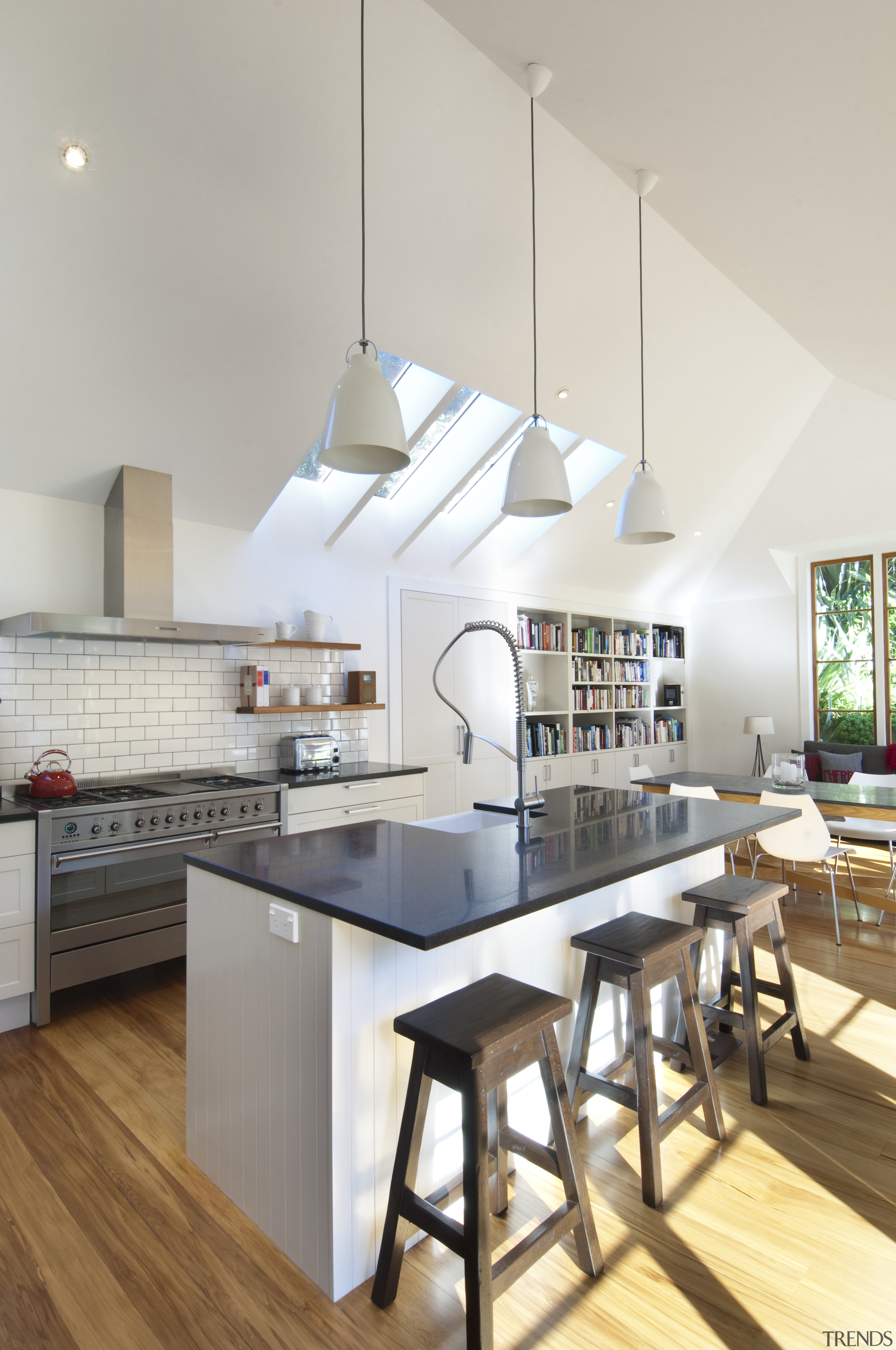 View of renovated kitchen which features timber floors, architecture, ceiling, countertop, cuisine classique, interior design, interior designer, kitchen, loft, gray