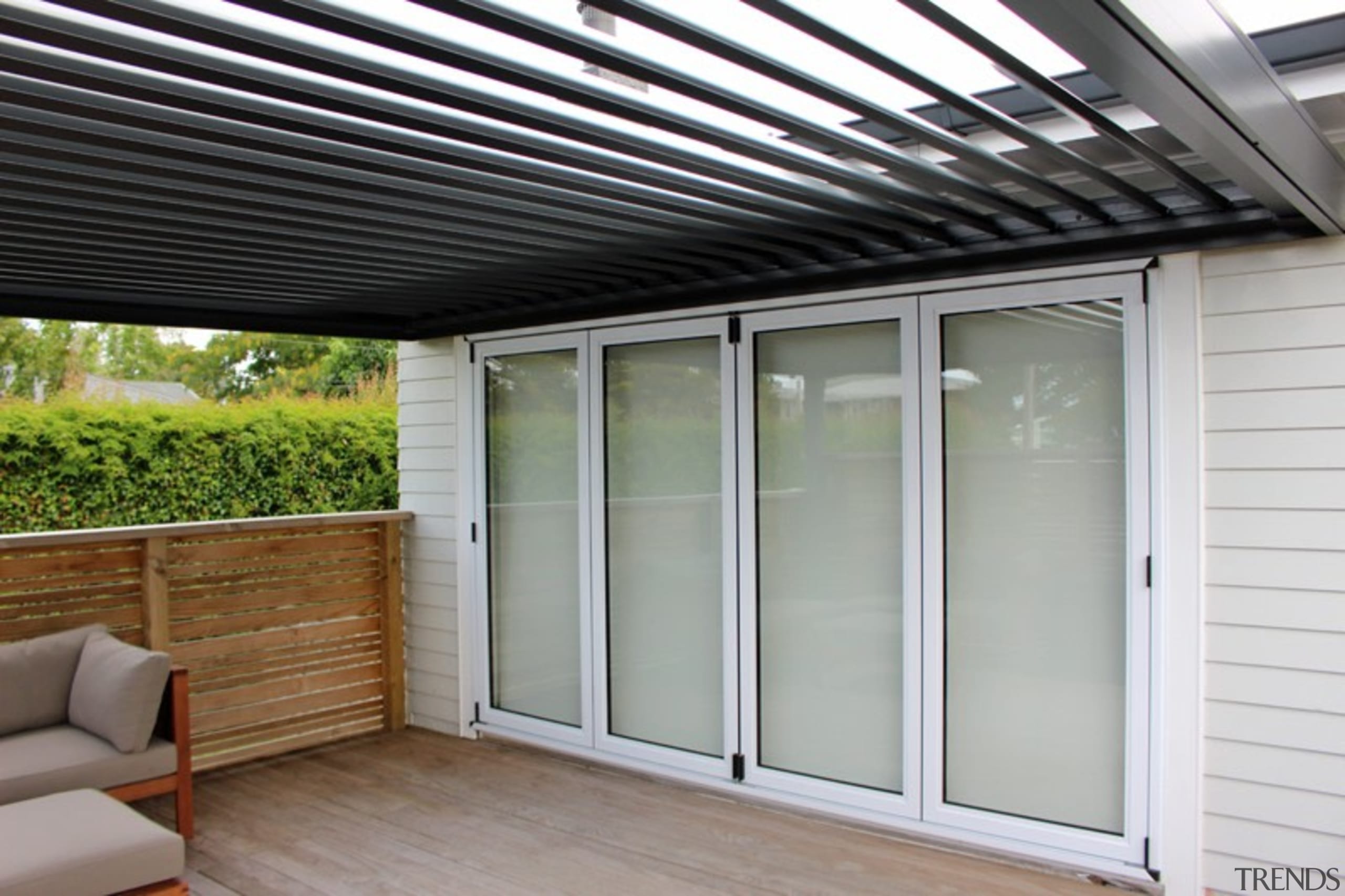 With one side of the louvre roof fixed daylighting, door, house, interior design, porch, real estate, roof, shade, siding, window, window covering, window treatment, gray