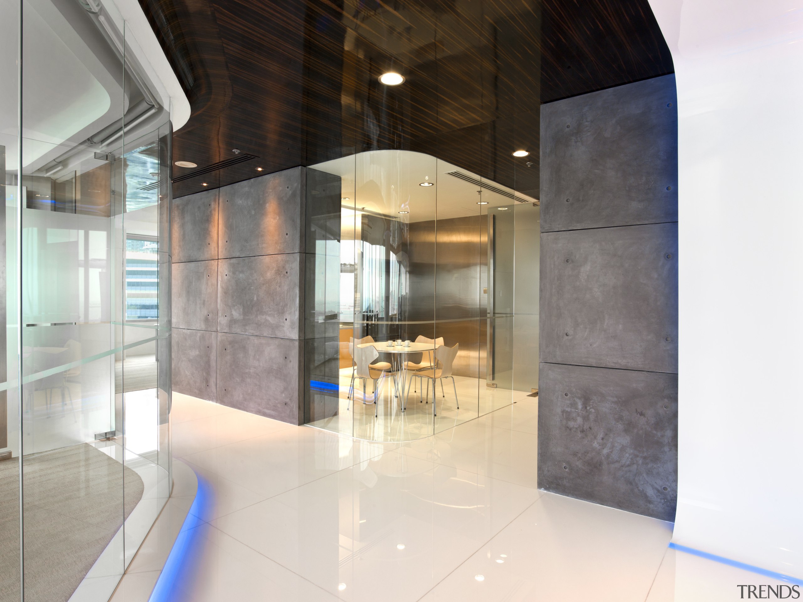 Here is the Maybank Tower in Singapore which architecture, ceiling, floor, flooring, glass, house, interior design, lobby, property, real estate, white