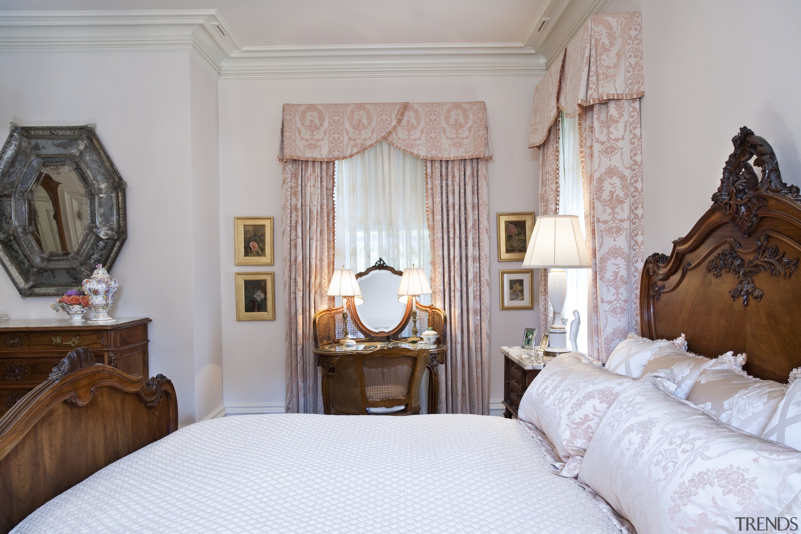 View of the master bedroom featuring Venetian styled bed, bed sheet, bedding, bedroom, ceiling, curtain, furniture, home, house, interior design, real estate, room, suite, textile, window, window treatment, gray, white