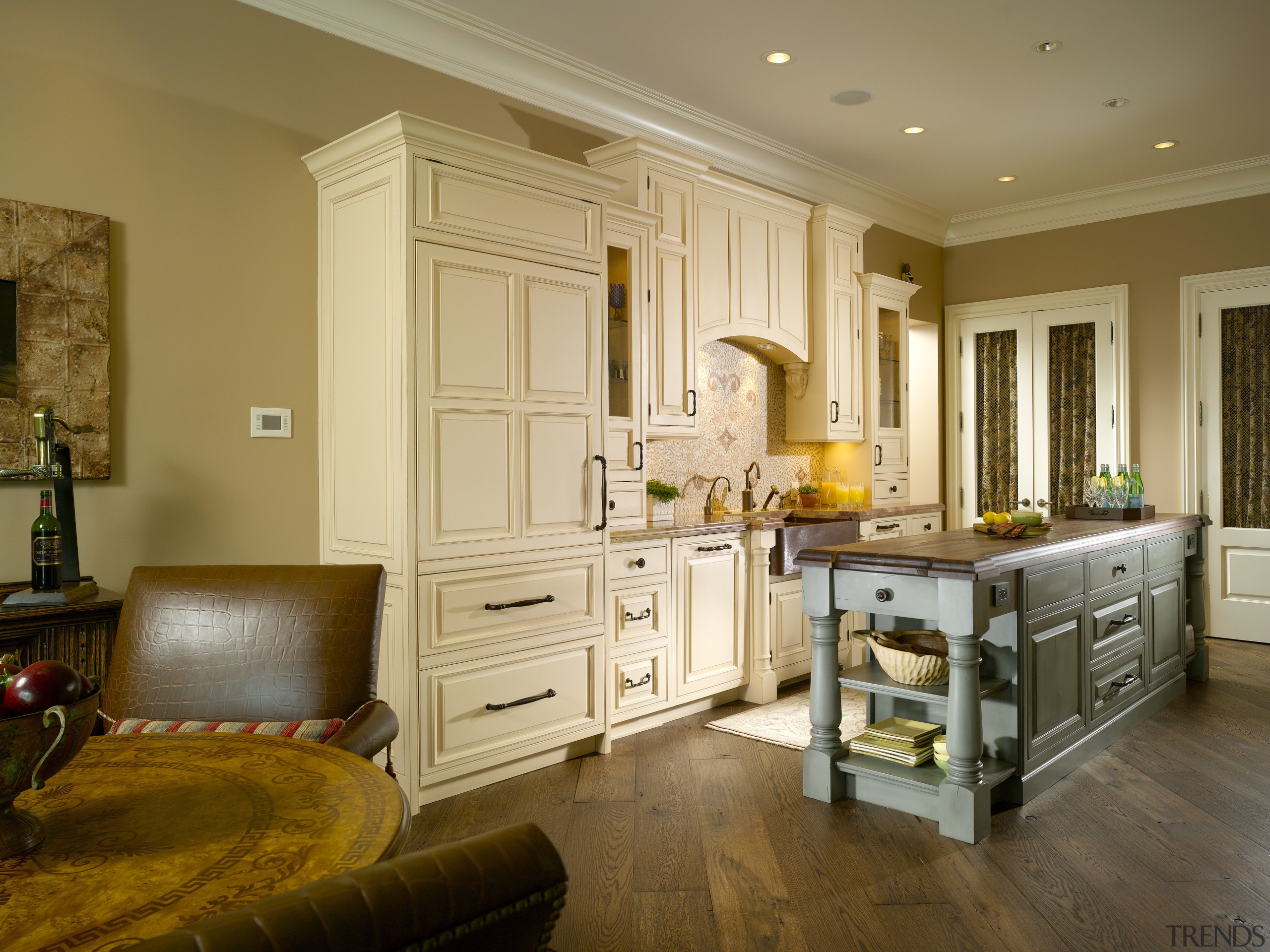 View of the refurbished kitchen featuring a more cabinetry, ceiling, countertop, cuisine classique, floor, flooring, hardwood, home, interior design, kitchen, living room, room, wall, window, wood flooring, brown, orange