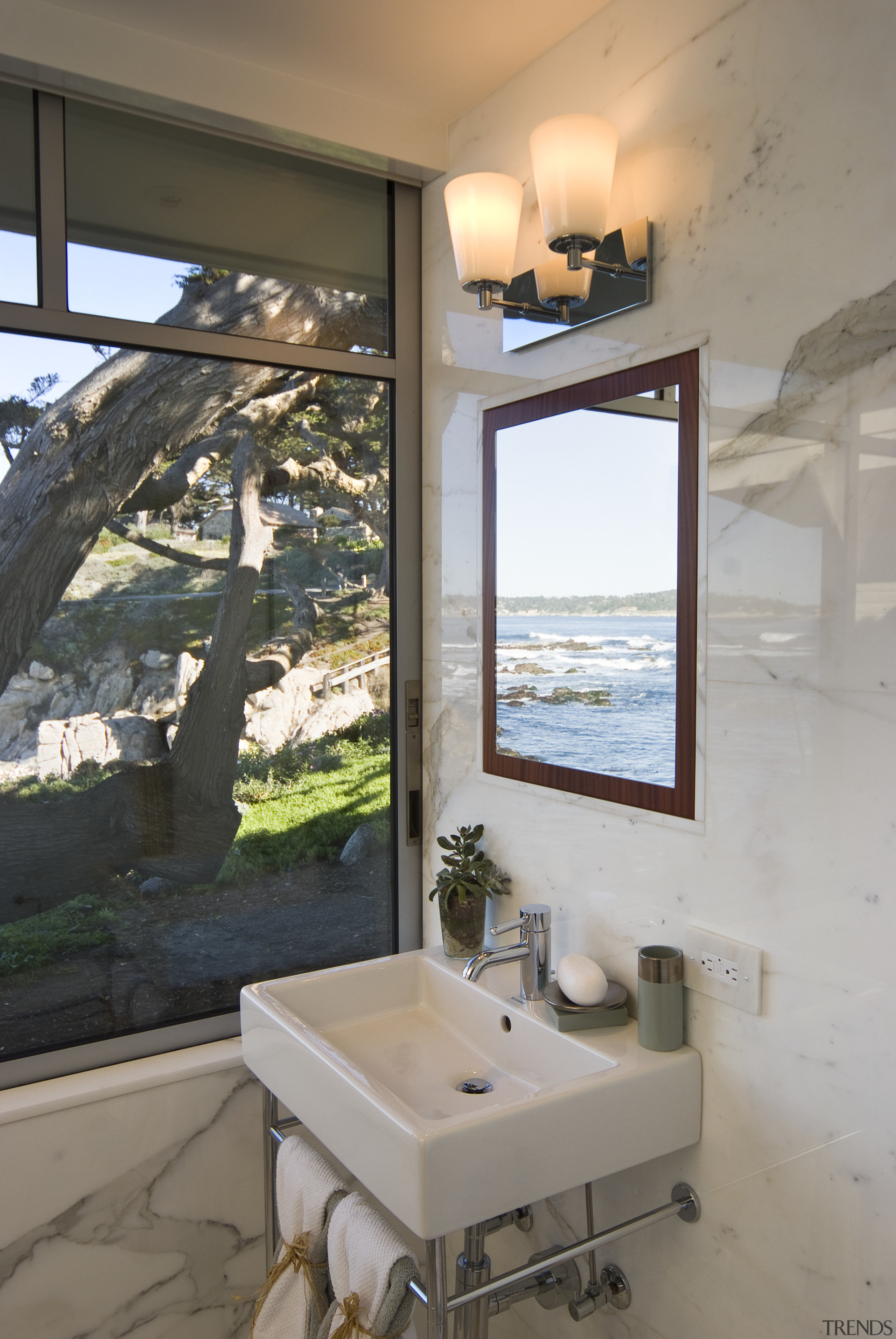 View of the oceanfront Butterfly House in Carmel bathroom, home, interior design, room, window, gray