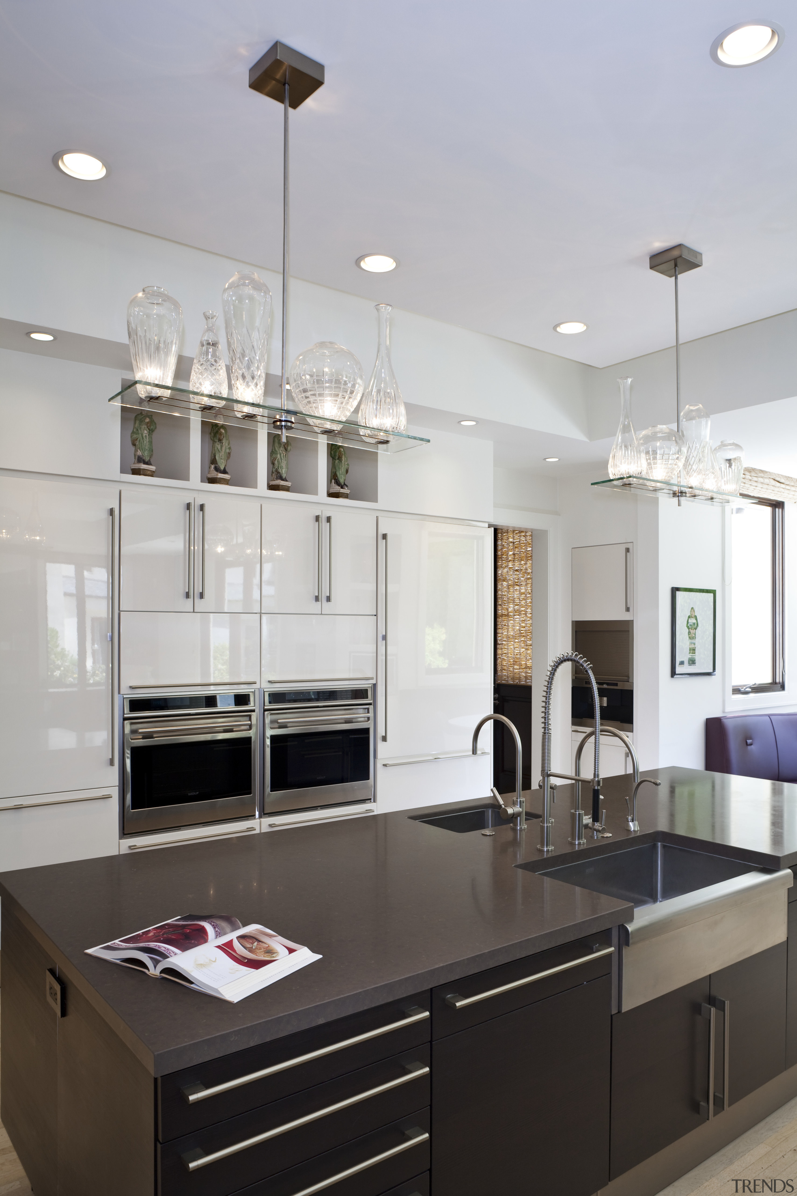 View of contemporary kitchen wooden flooring, dark cabinetry cabinetry, ceiling, countertop, cuisine classique, interior design, kitchen, room, gray