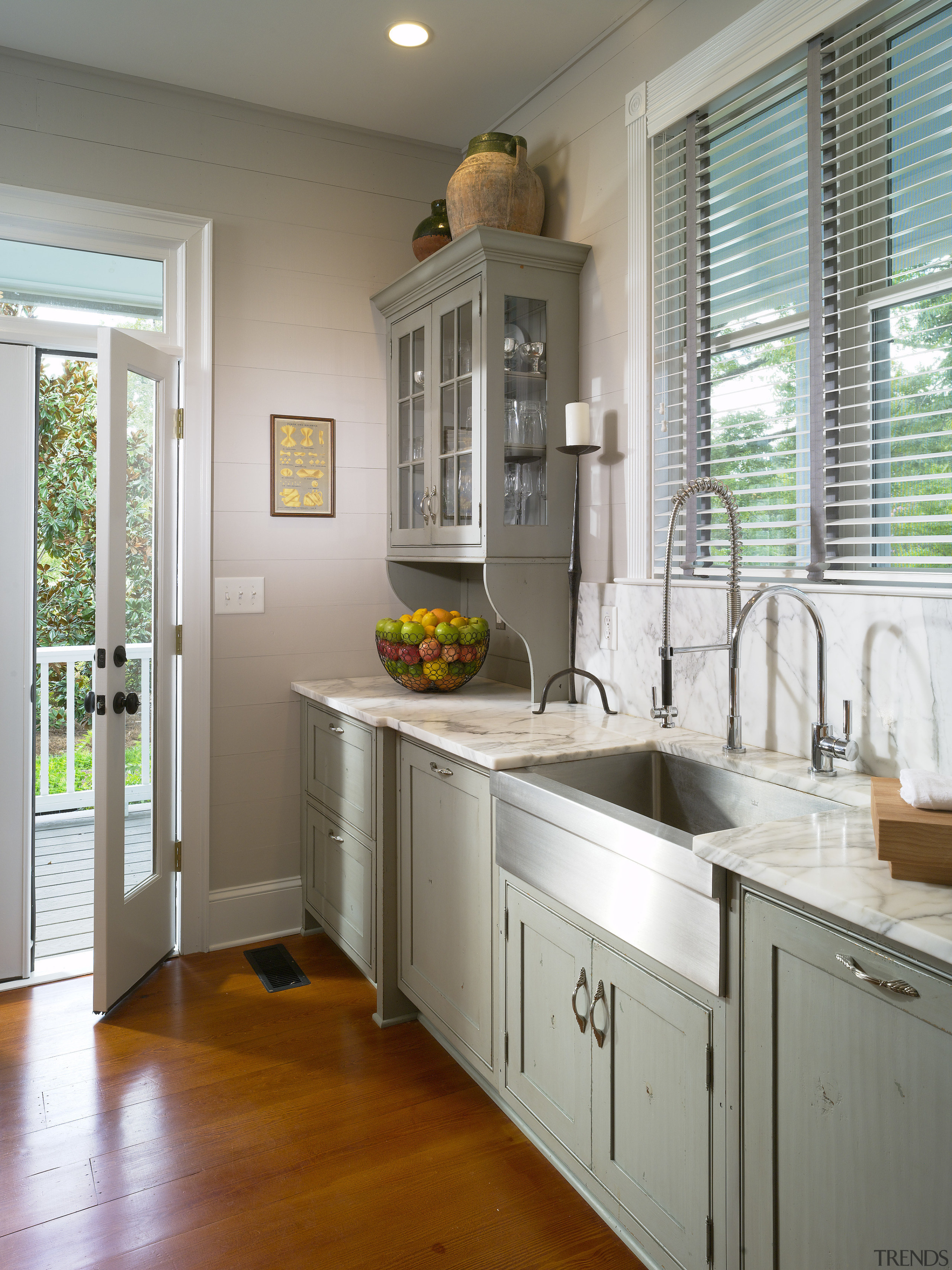 View of e distressed pine cabinets and Shaker-style cabinetry, countertop, cuisine classique, floor, flooring, hardwood, home, interior design, kitchen, real estate, room, window, gray