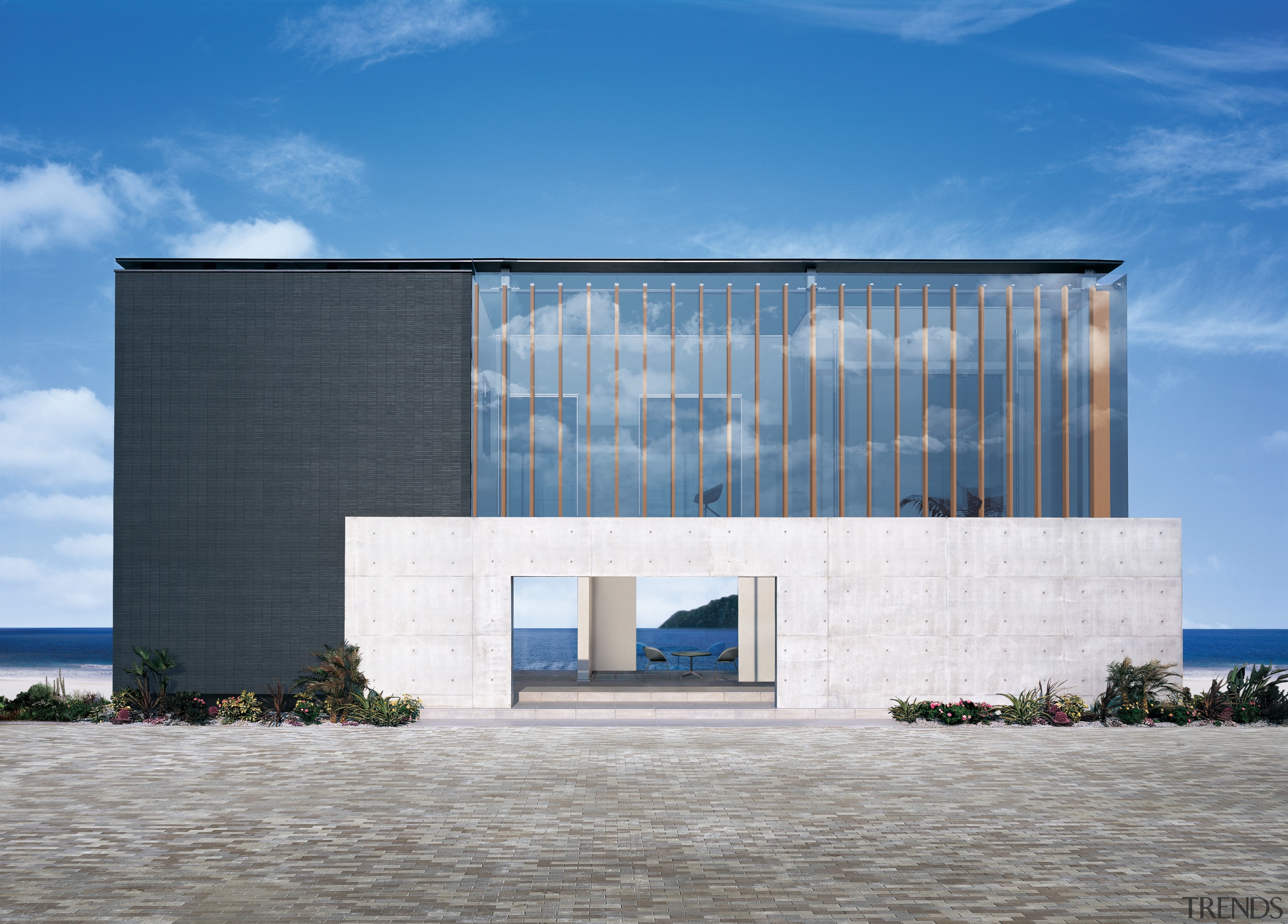 Despite its highly contemporary design, the house incorporates architecture, building, commercial building, condominium, corporate headquarters, facade, headquarters, house, real estate, sky, teal, gray