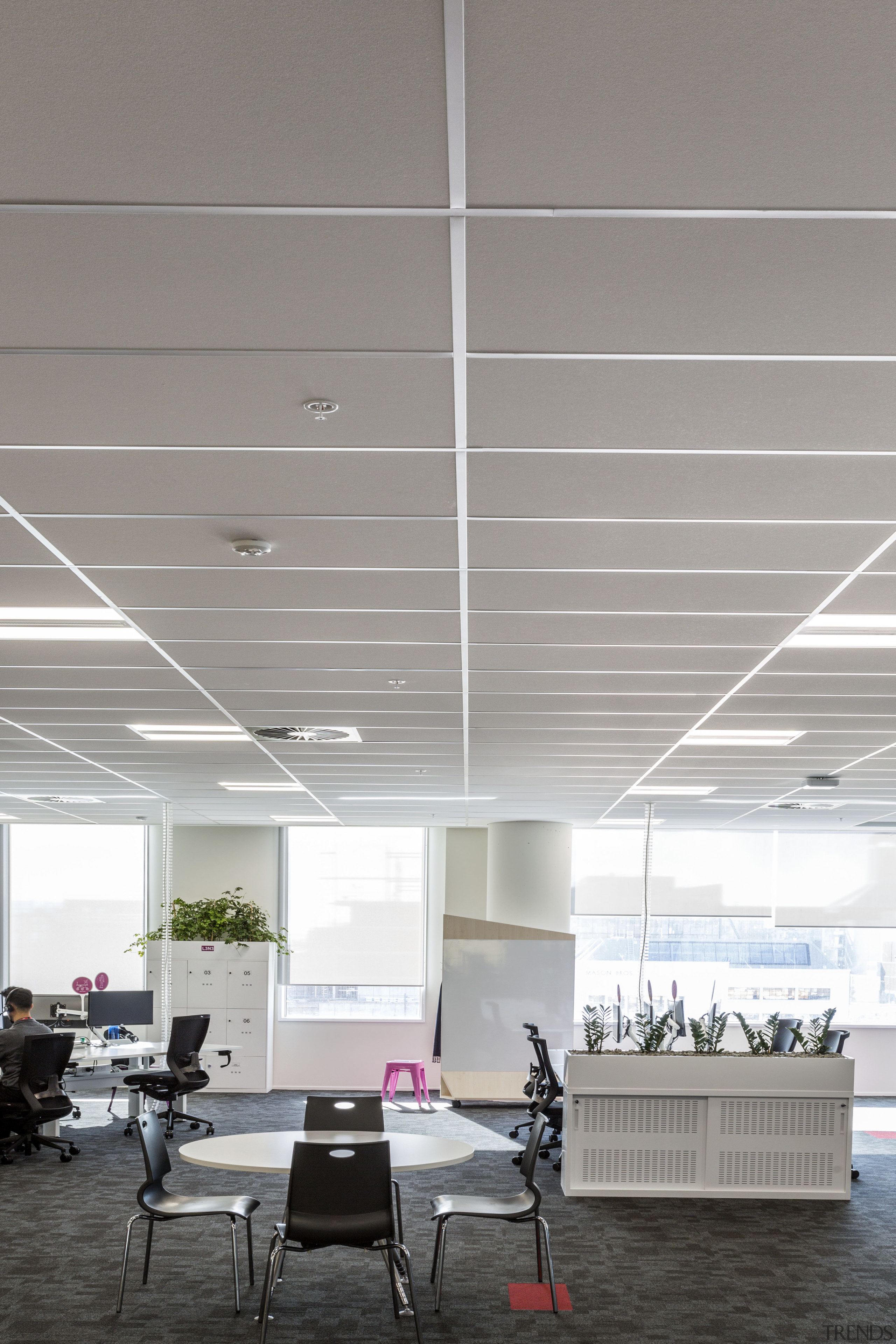 Acoustically superior Armstrong Ultima ceiling tiles were used architecture, ceiling, daylighting, interior design, gray, white