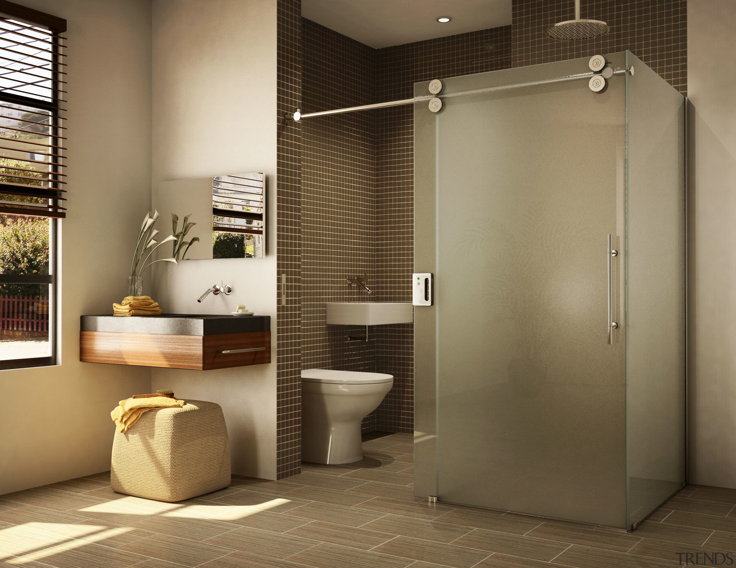 View of a bathroom which features shower enclosures bathroom, interior design, plumbing fixture, brown