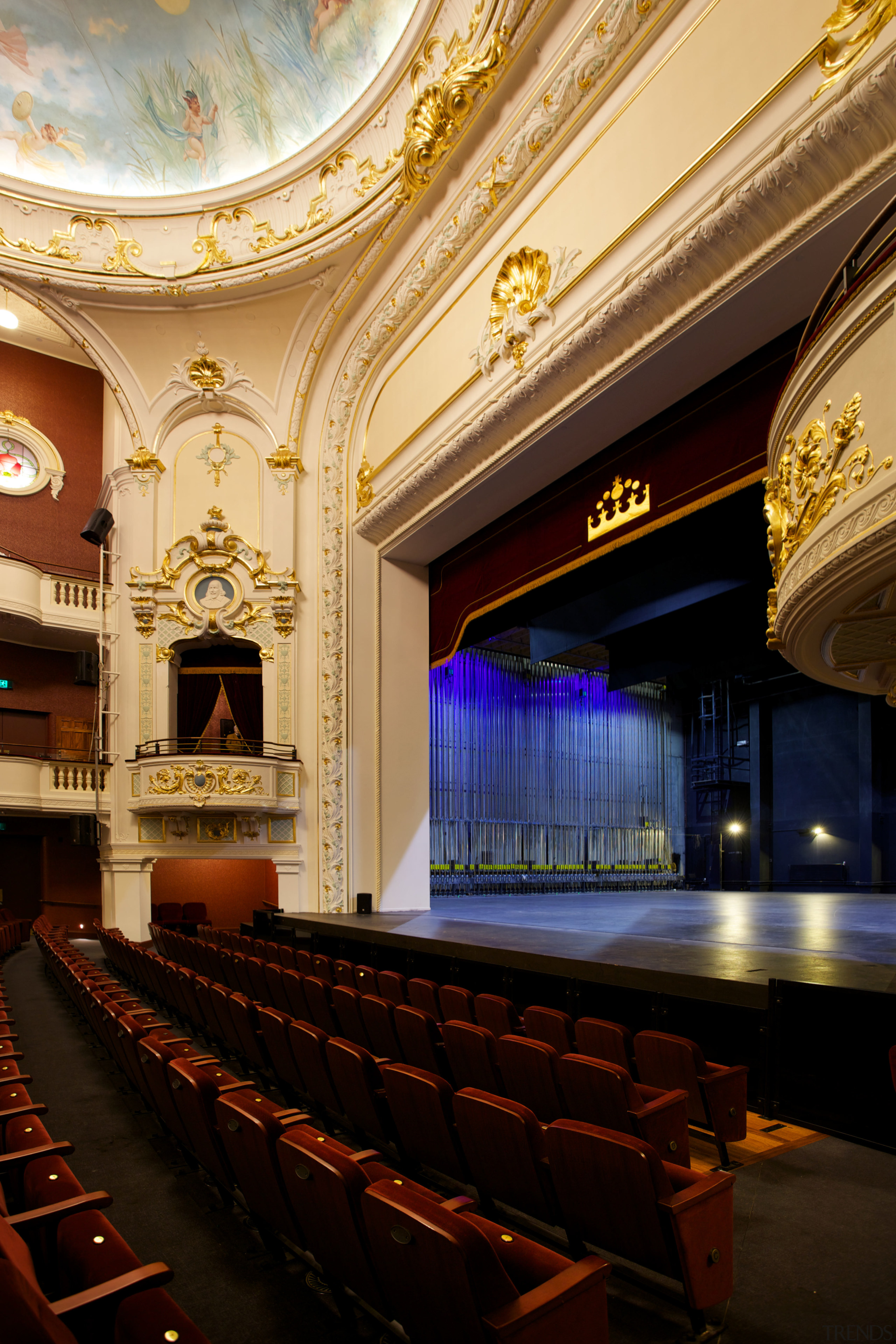 The restored Isaac Theatre Royal in Christchurch sits auditorium, ceiling, function hall, interior design, lobby, opera house, performing arts center, theatre, black, orange