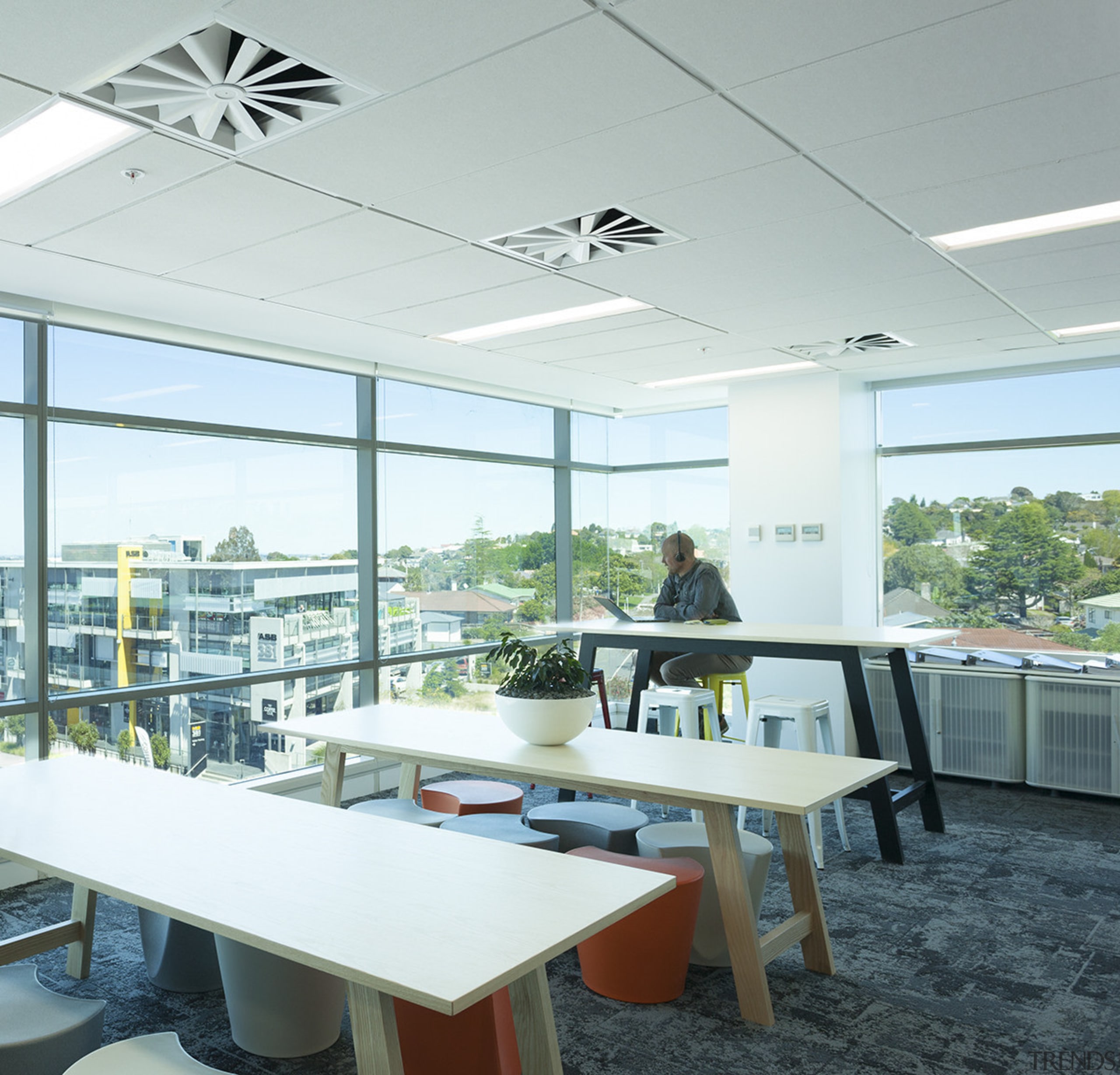 The Z Energy office fit-out by Stack Interiors architecture, ceiling, daylighting, furniture, interior design, office, real estate, table, white, gray