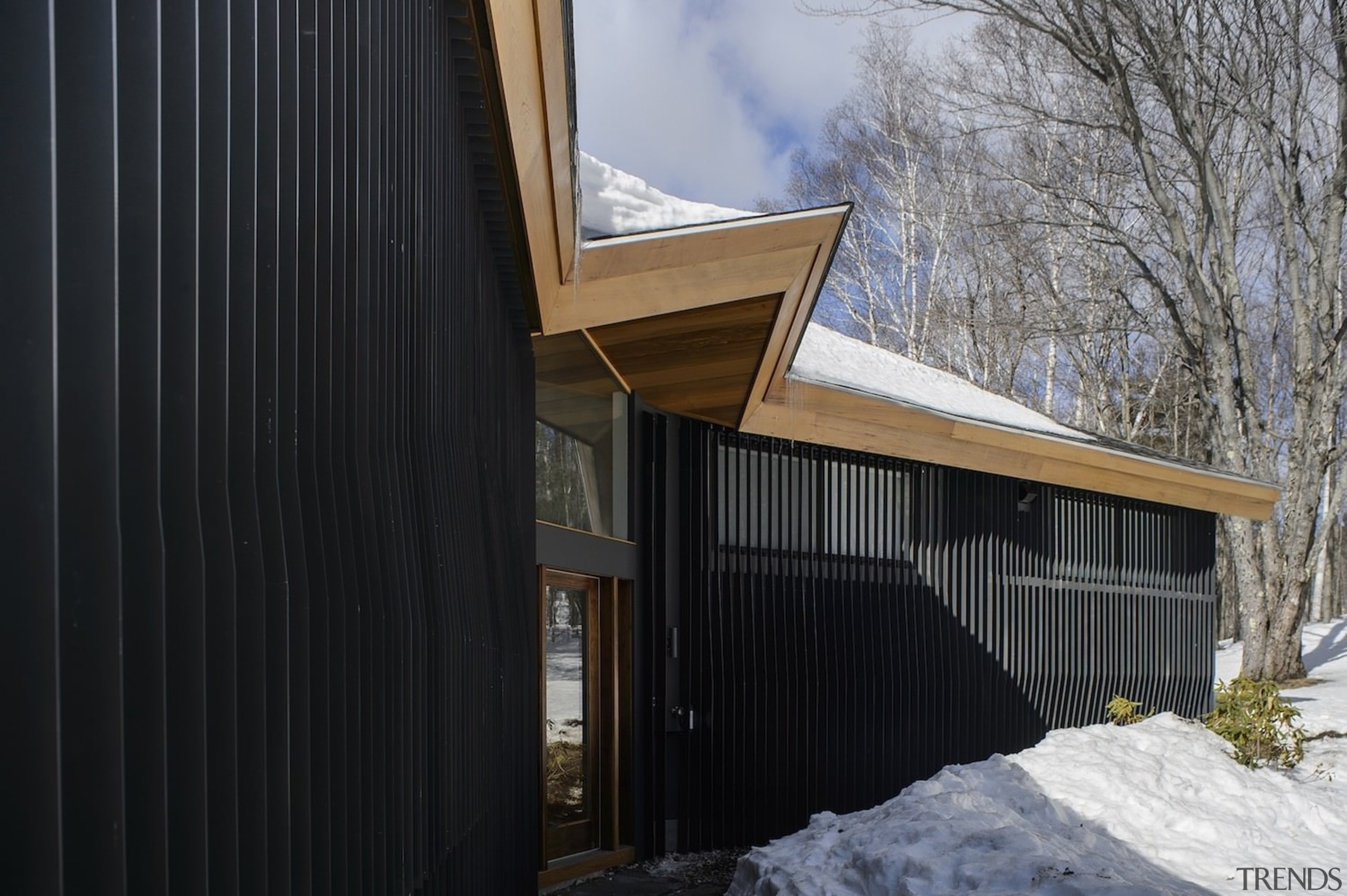 Architect: J.Roc DesignPhotography by James Leng architecture, building, cottage, facade, home, house, real estate, roof, siding, snow, window, winter, wood, black, gray