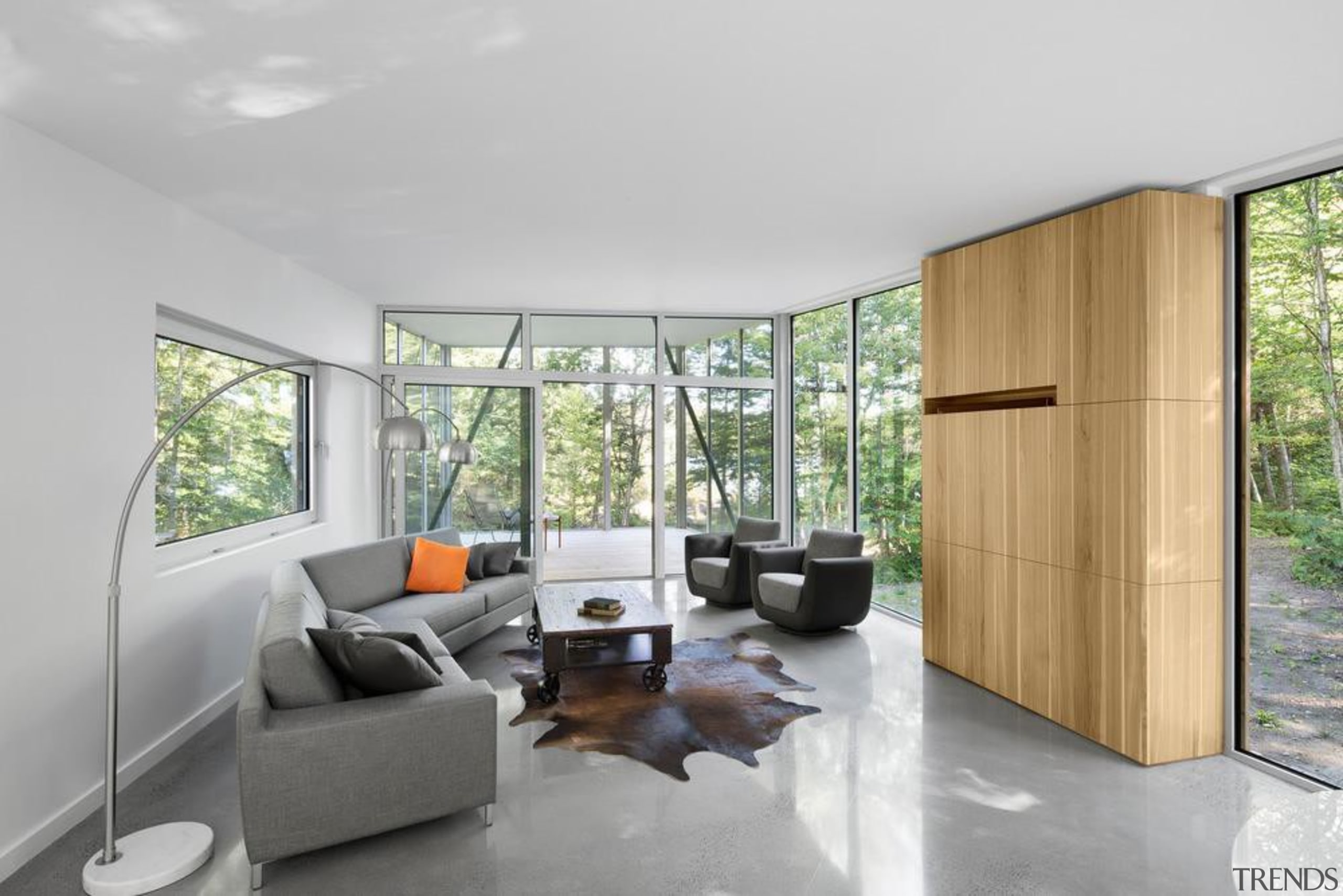 Interior surfaces of wood, white walls and polished architecture, ceiling, floor, house, interior design, living room, real estate, window, gray