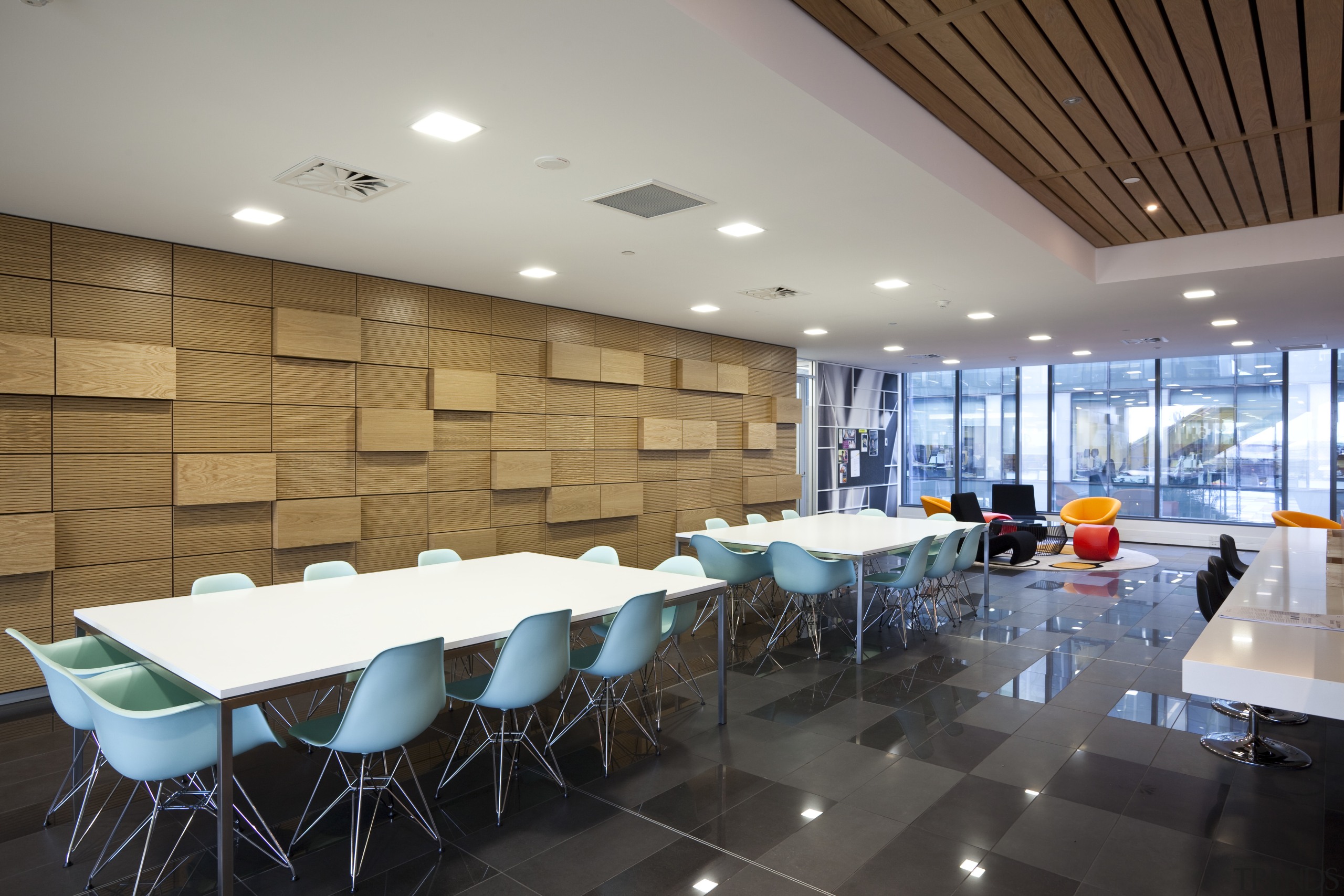 View of the Britomart East development. - View architecture, ceiling, interior design, lobby, real estate, restaurant, table, gray