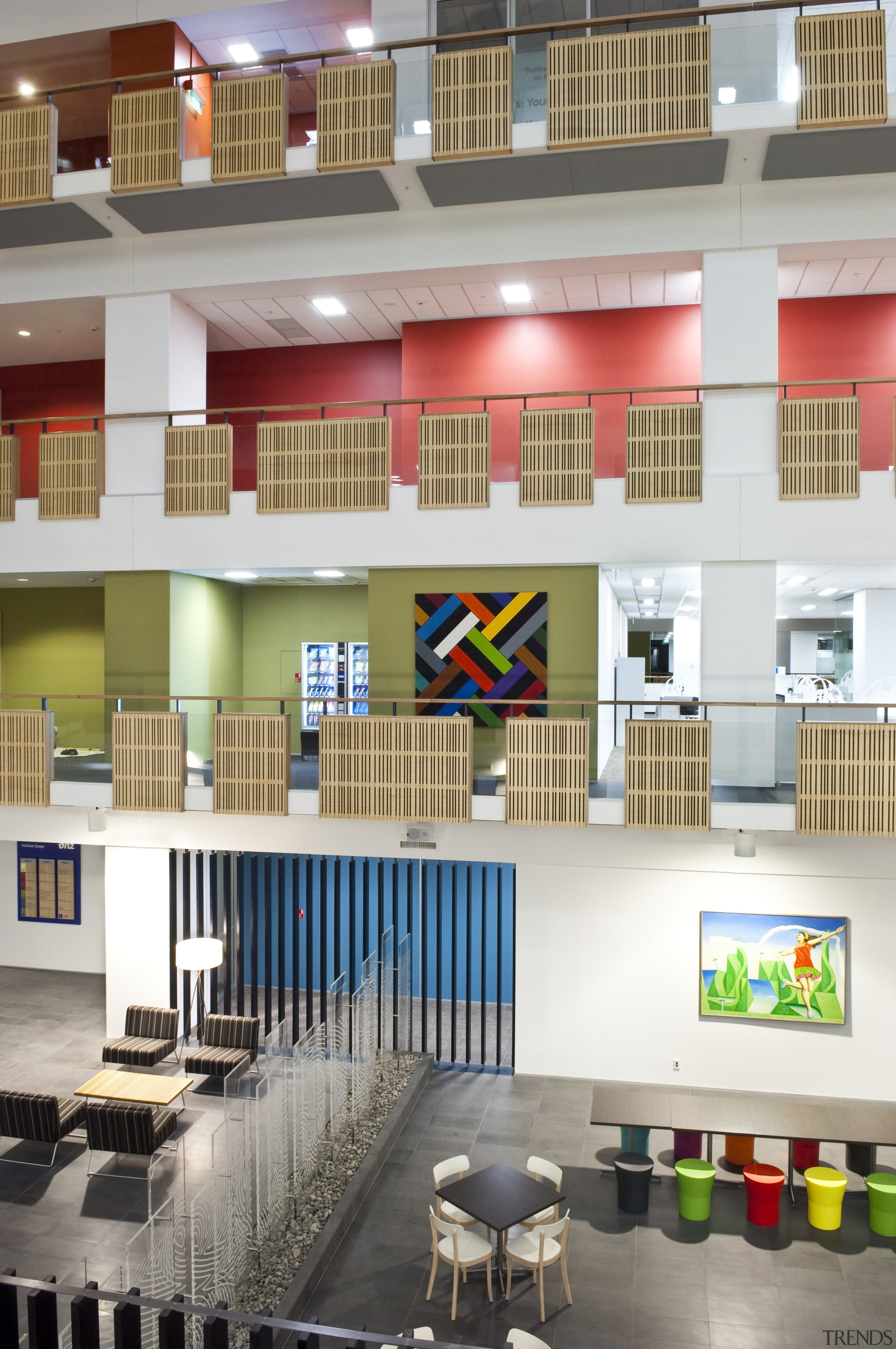 View of the atrium of the new BNZ institution, interior design, gray