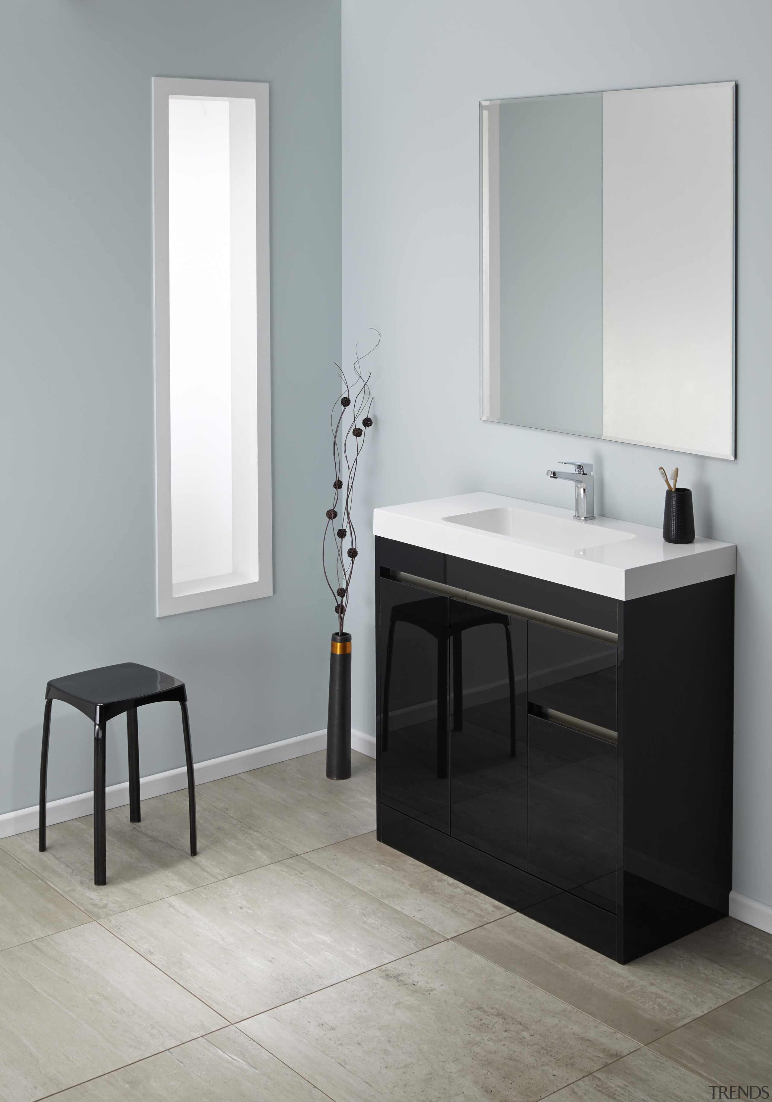 Soft basin corners and thick external lines give angle, bathroom, bathroom accessory, bathroom cabinet, floor, furniture, interior design, plumbing fixture, product, product design, sink, table, tap, gray