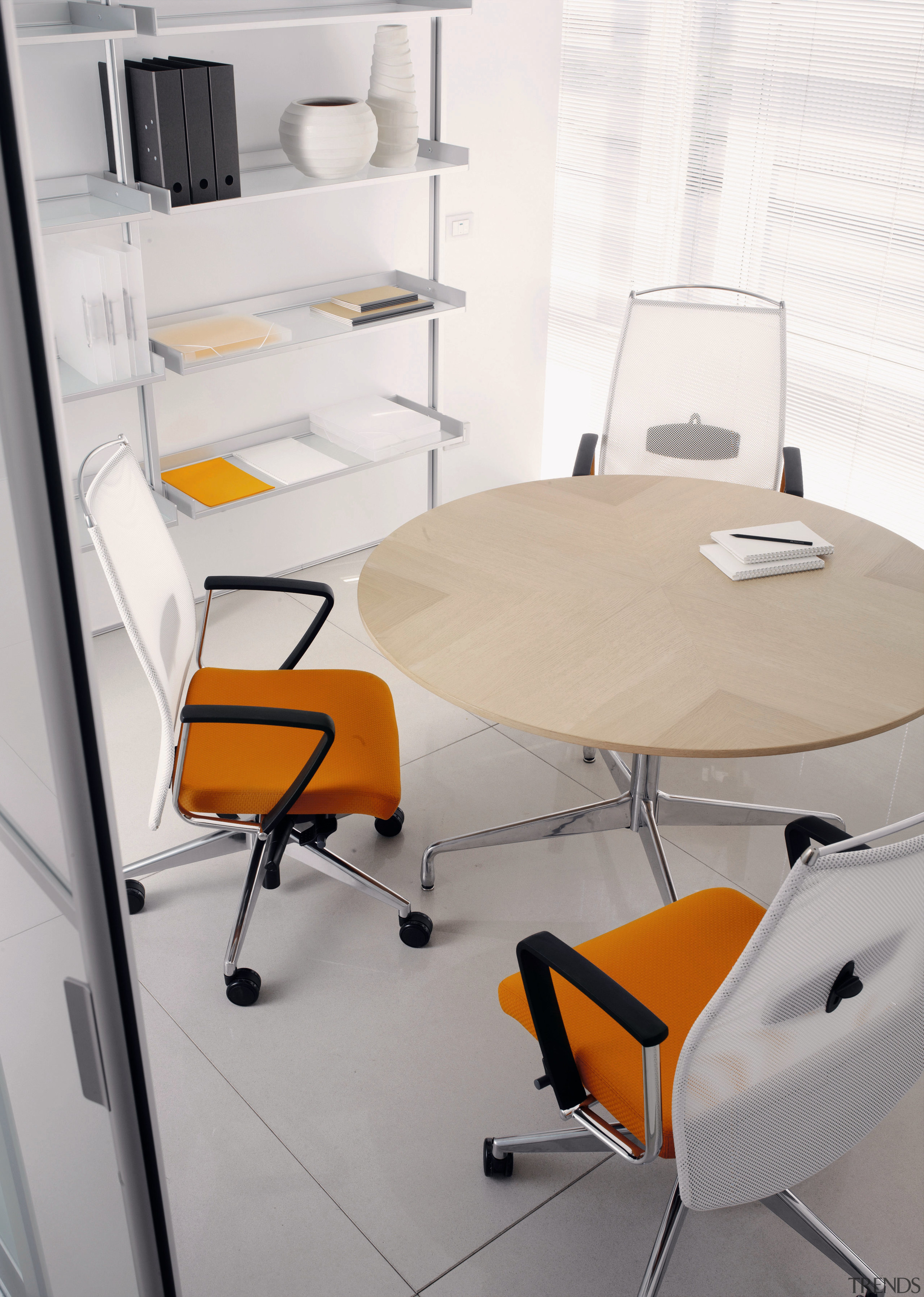 Image of Diethelm Furniture's Link chairs which are angle, chair, desk, floor, furniture, interior design, office, office chair, product, product design, table, white, gray