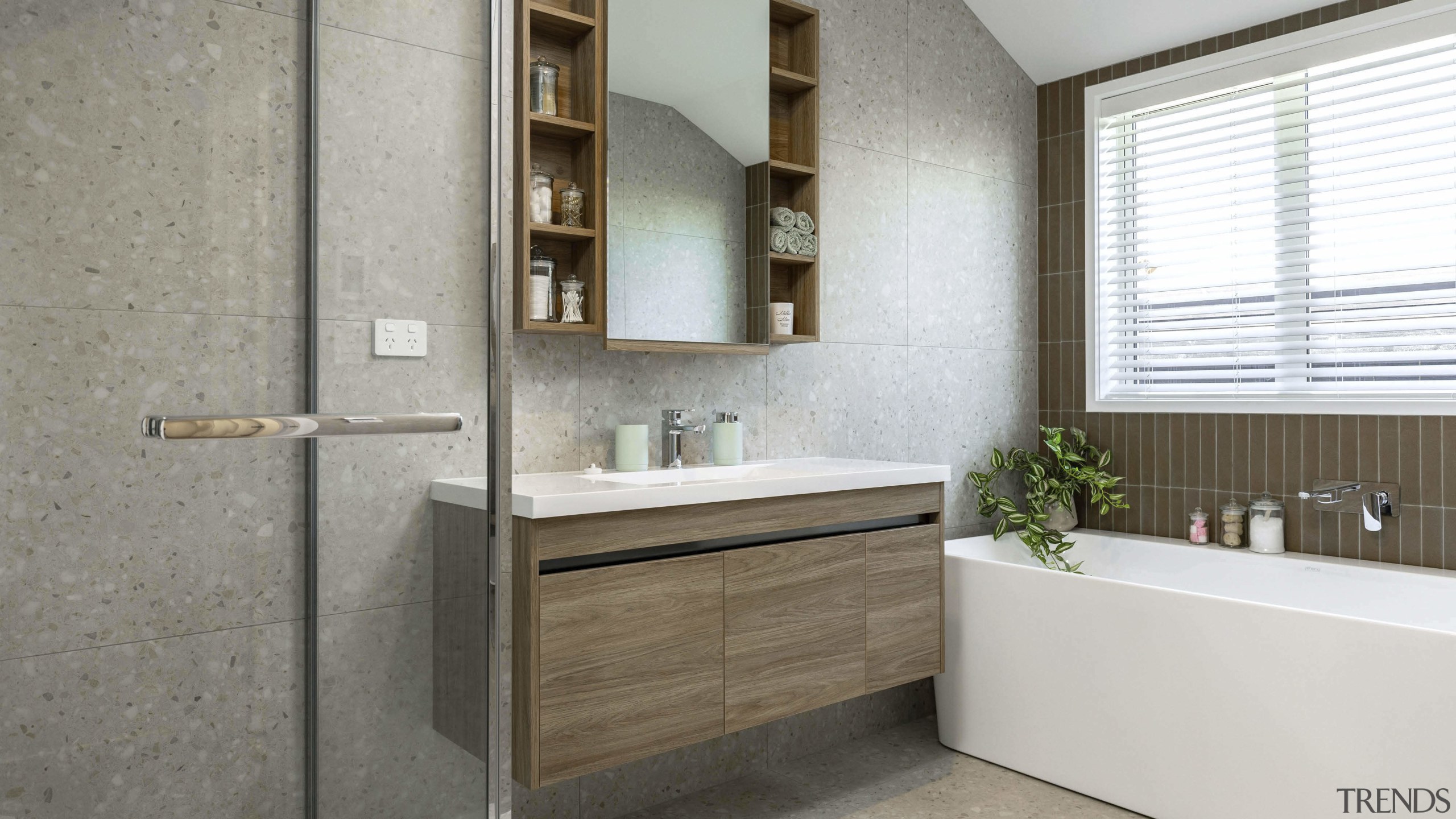 The main bathroom includes open timber shelving and 