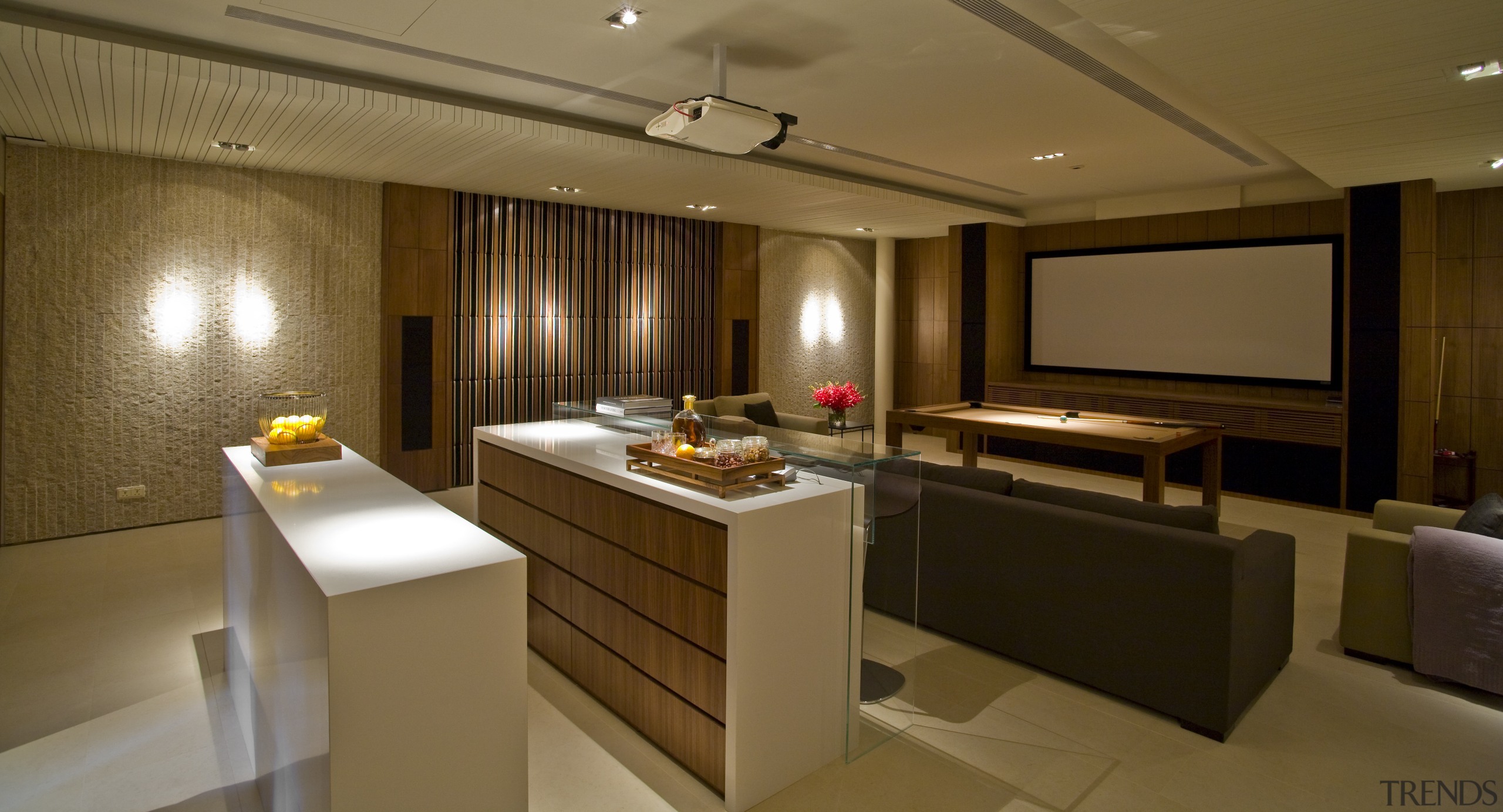 View of bar and movie lounge which feature interior design, room, suite, brown