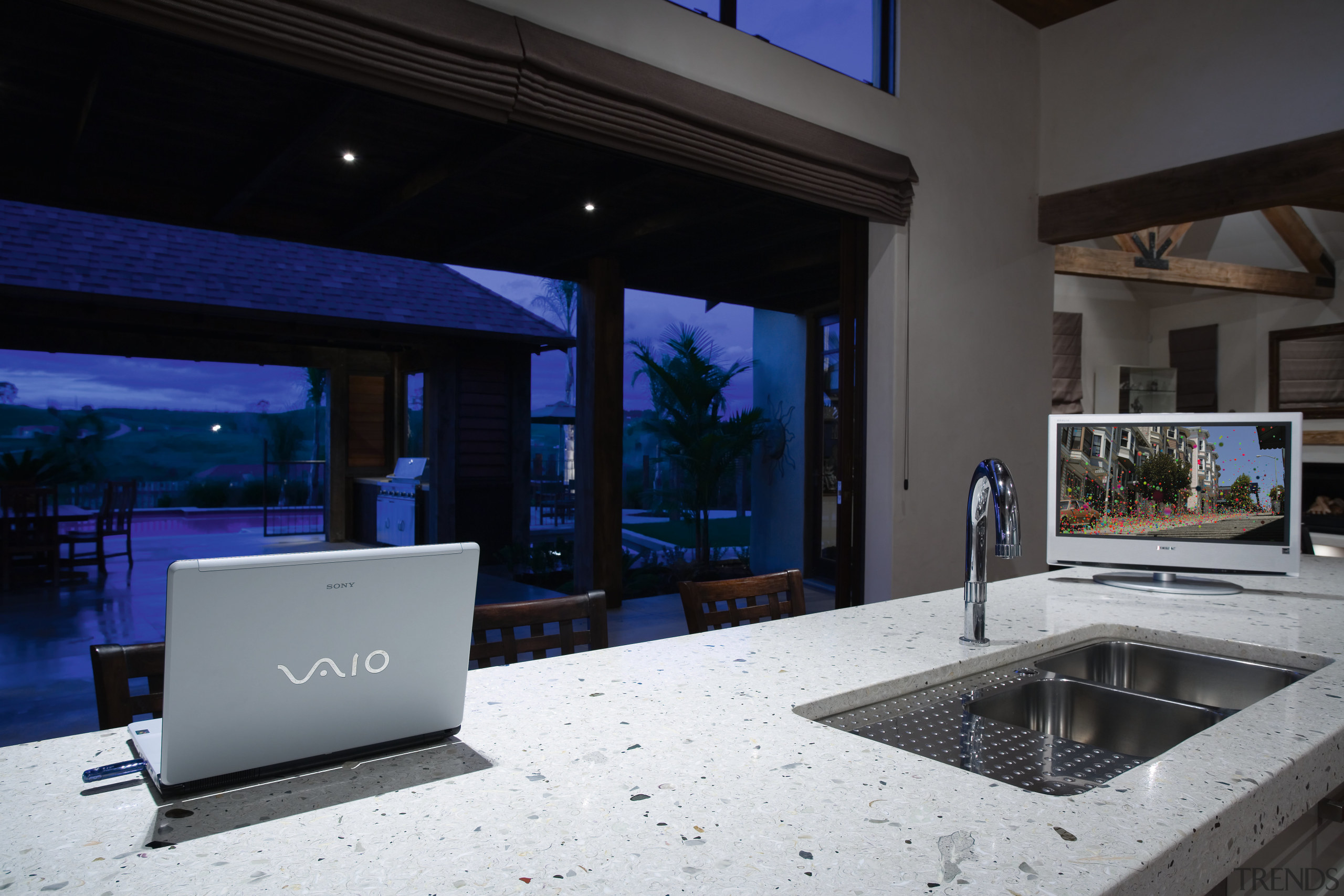 Kitchen with Vaio notebook on benchtop, with LCD architecture, home, house, interior design, property, real estate, black