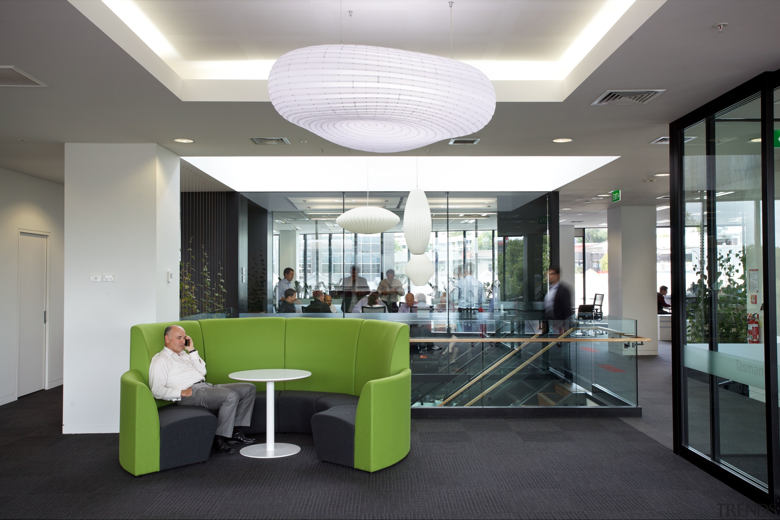 Windows above the stairwell in the remodelled Ricoh ceiling, interior design, lobby, office, real estate, gray, white, black