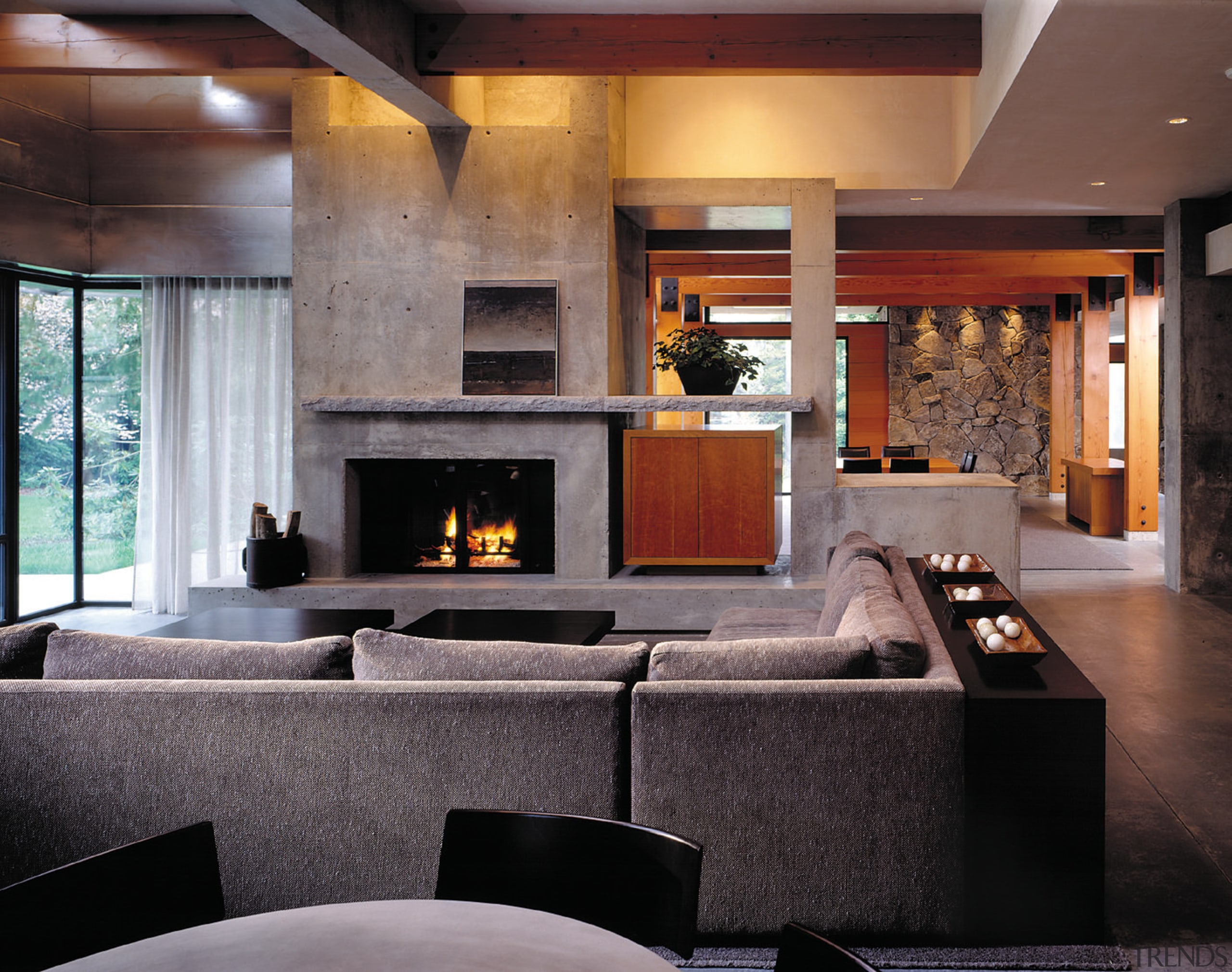 view of lounge area and fireplace - view ceiling, fireplace, hearth, interior design, living room, lobby, black, gray