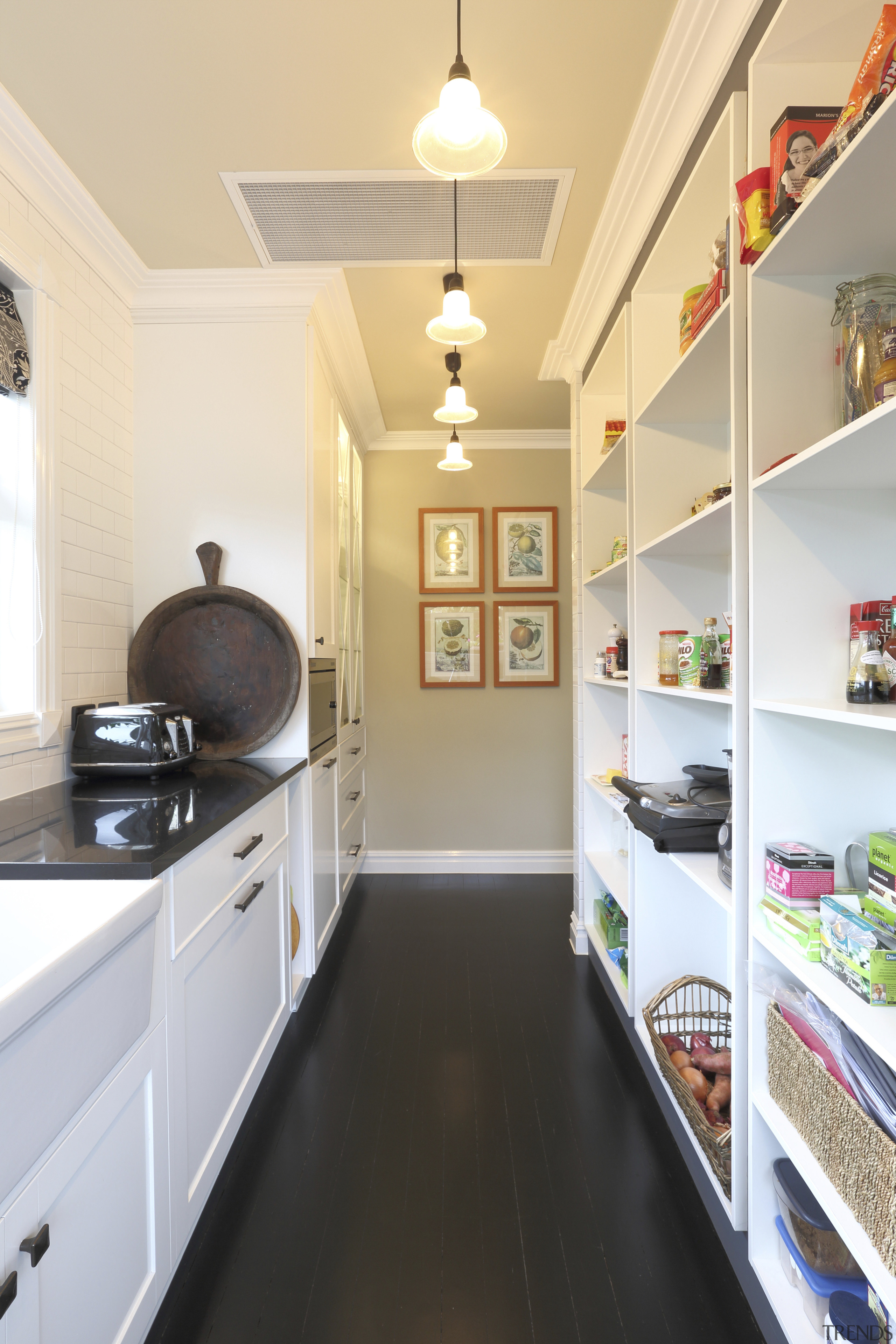 Rather than introduce modern modular shelving to the cabinetry, ceiling, countertop, floor, home, interior design, kitchen, real estate, room, white