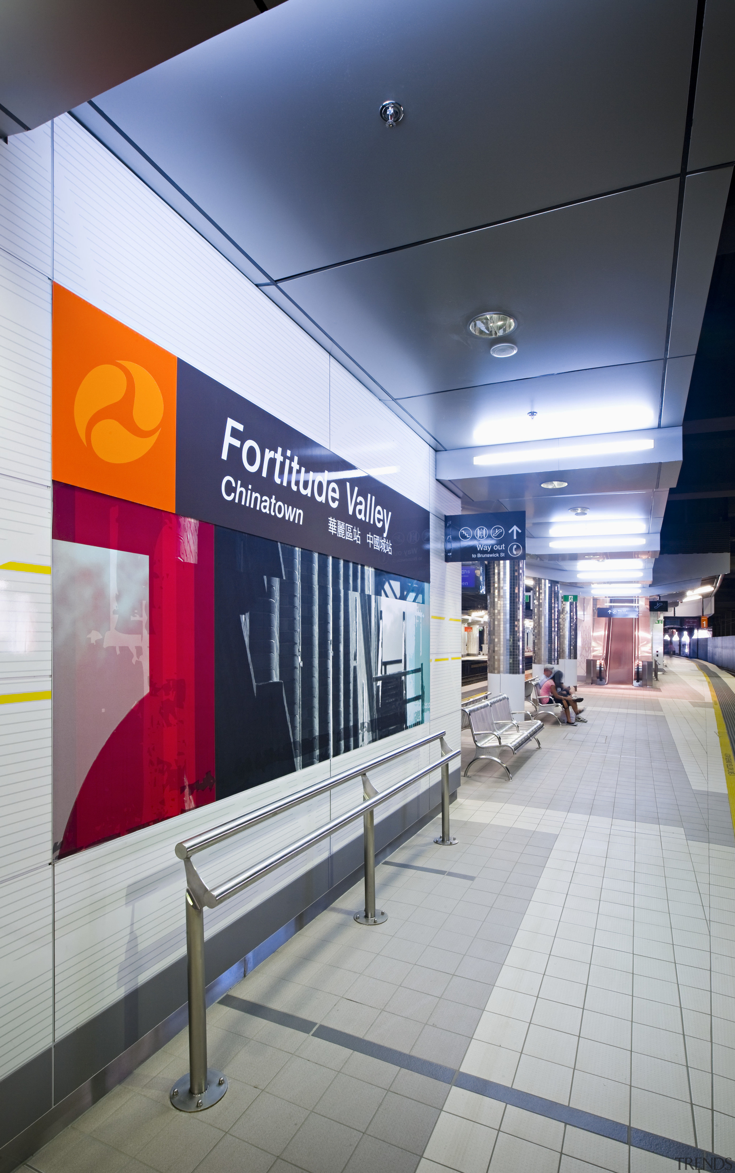 View of the Fortitude Valley train station where metropolitan area, retail, shopping mall, gray