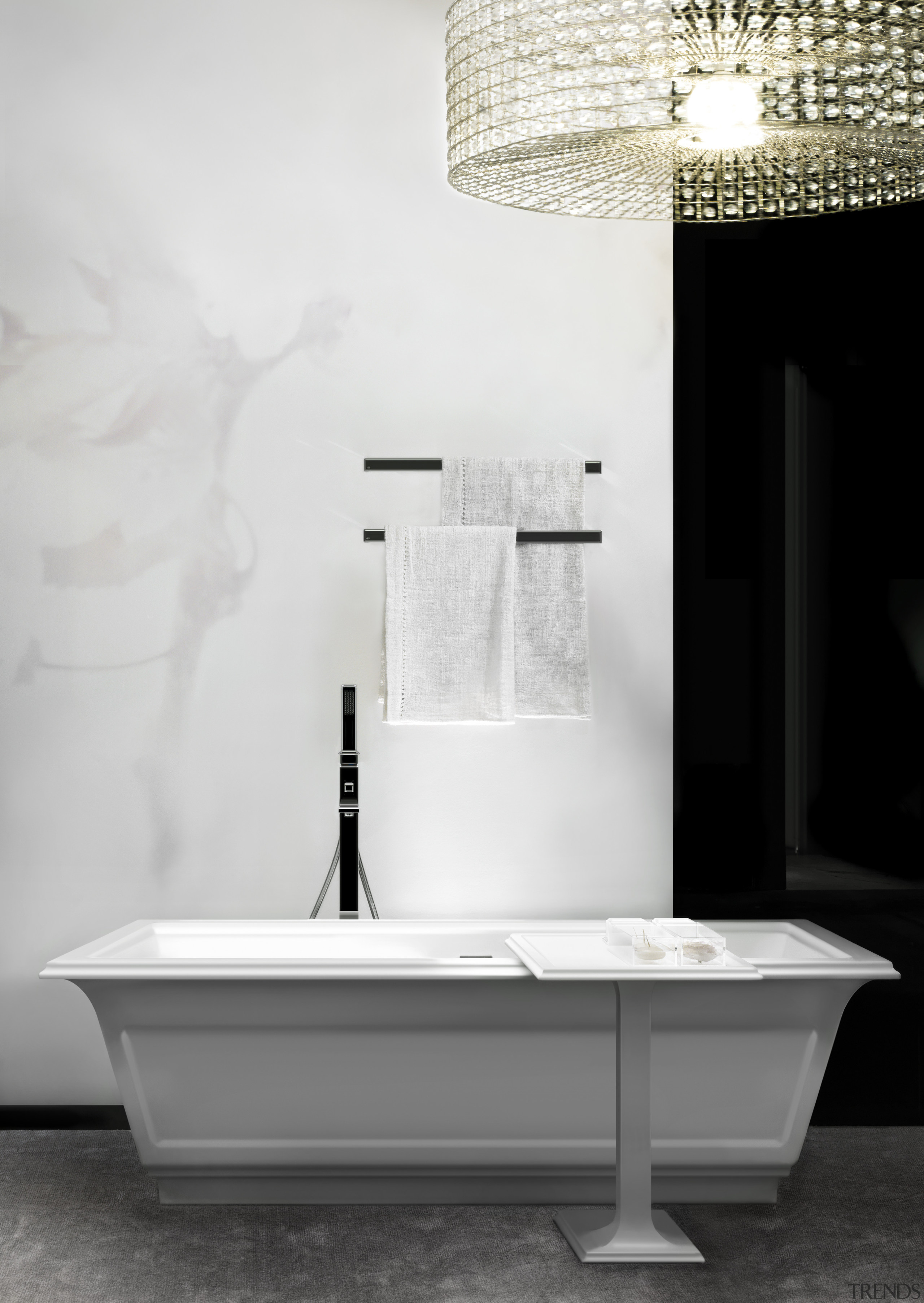 Pared-down simplicity can bring charm and a modern-meets-traditional bathroom, bathroom sink, black and white, floor, furniture, interior design, plumbing fixture, product, product design, sink, table, tap, wall, white, black