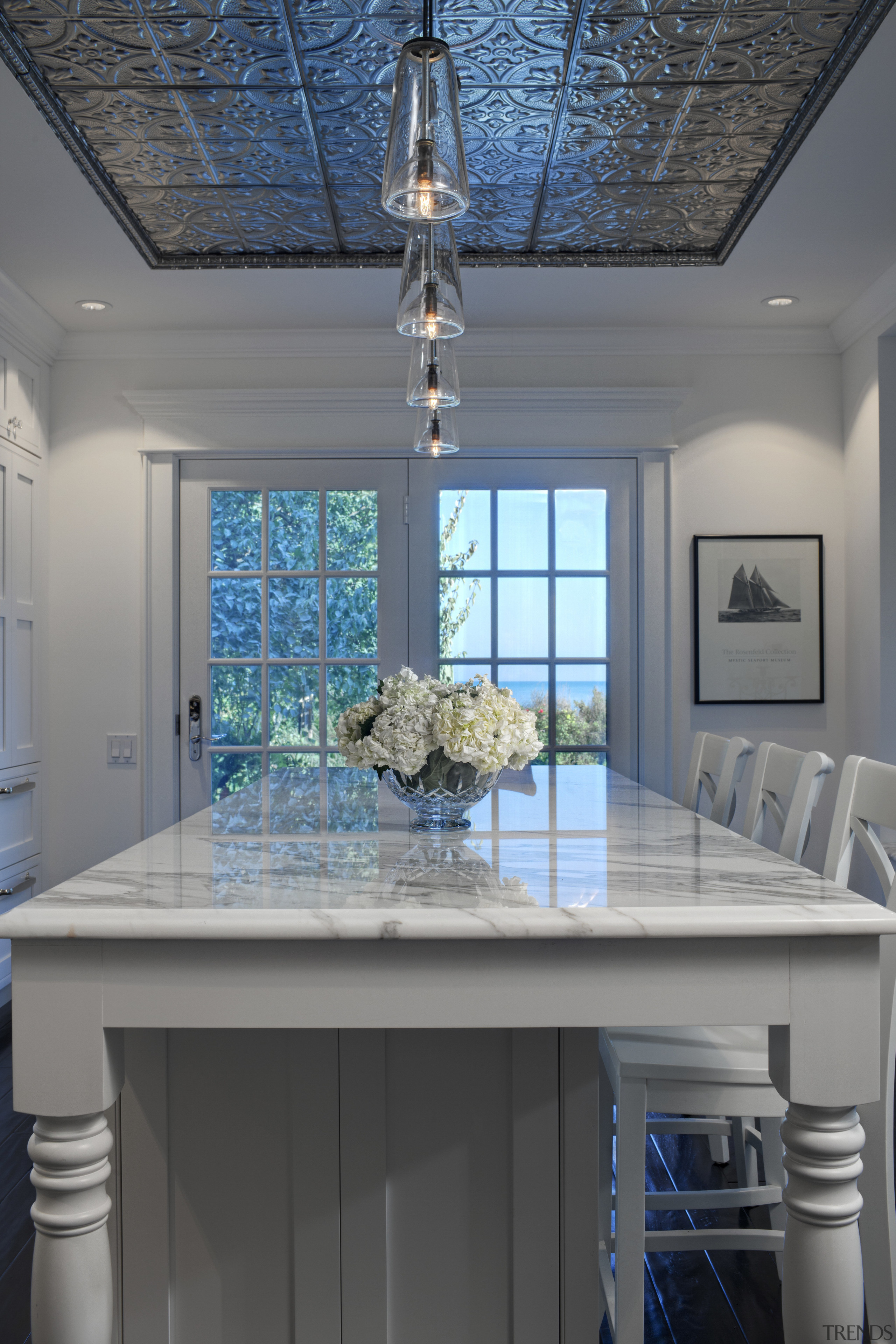 View of dining aread in 1950's remodelled lakefront ceiling, countertop, daylighting, home, interior design, room, table, window, gray