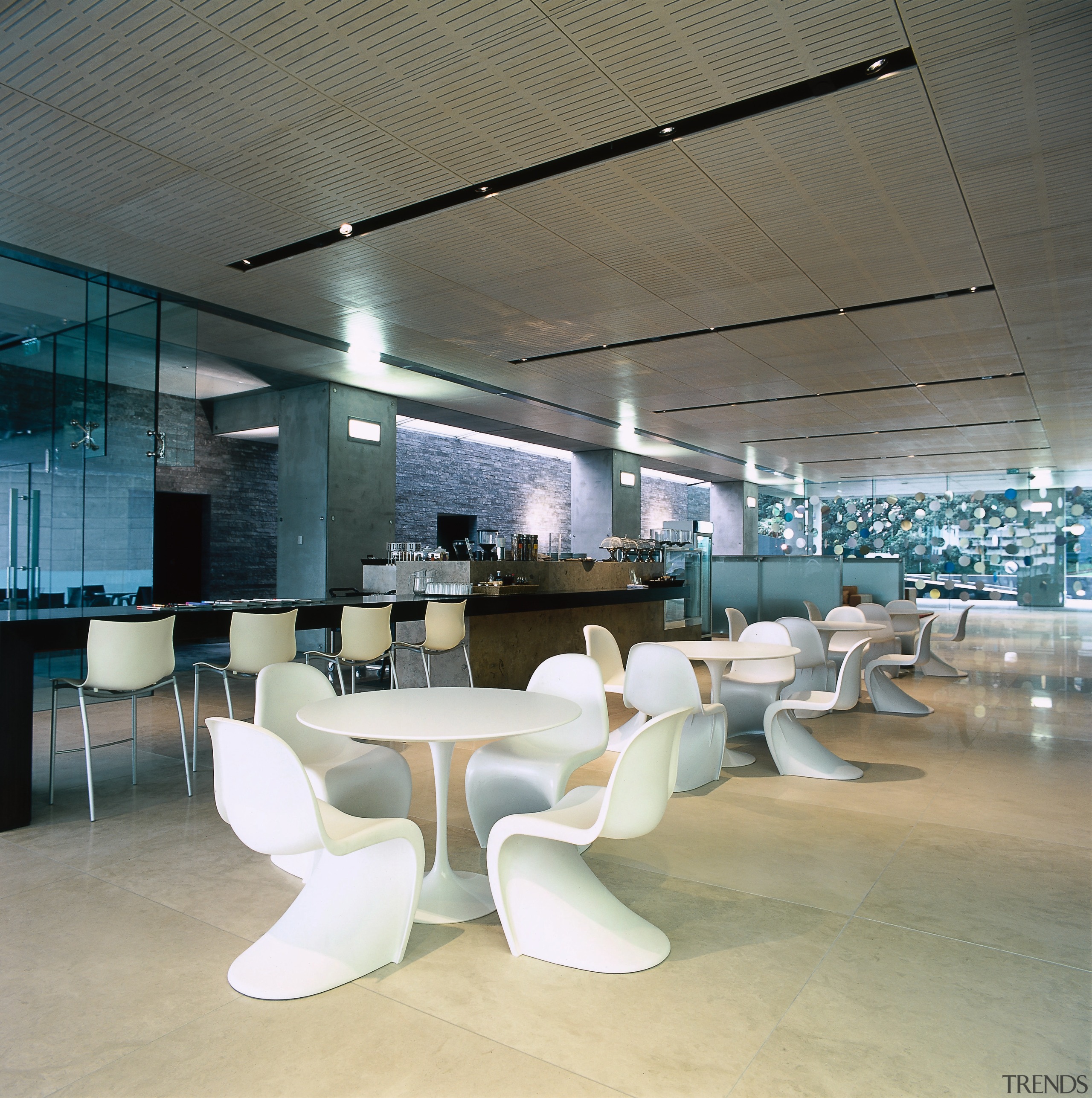 view of the clean cafe seating area situated architecture, ceiling, chair, furniture, interior design, lobby, office, product design, table, gray