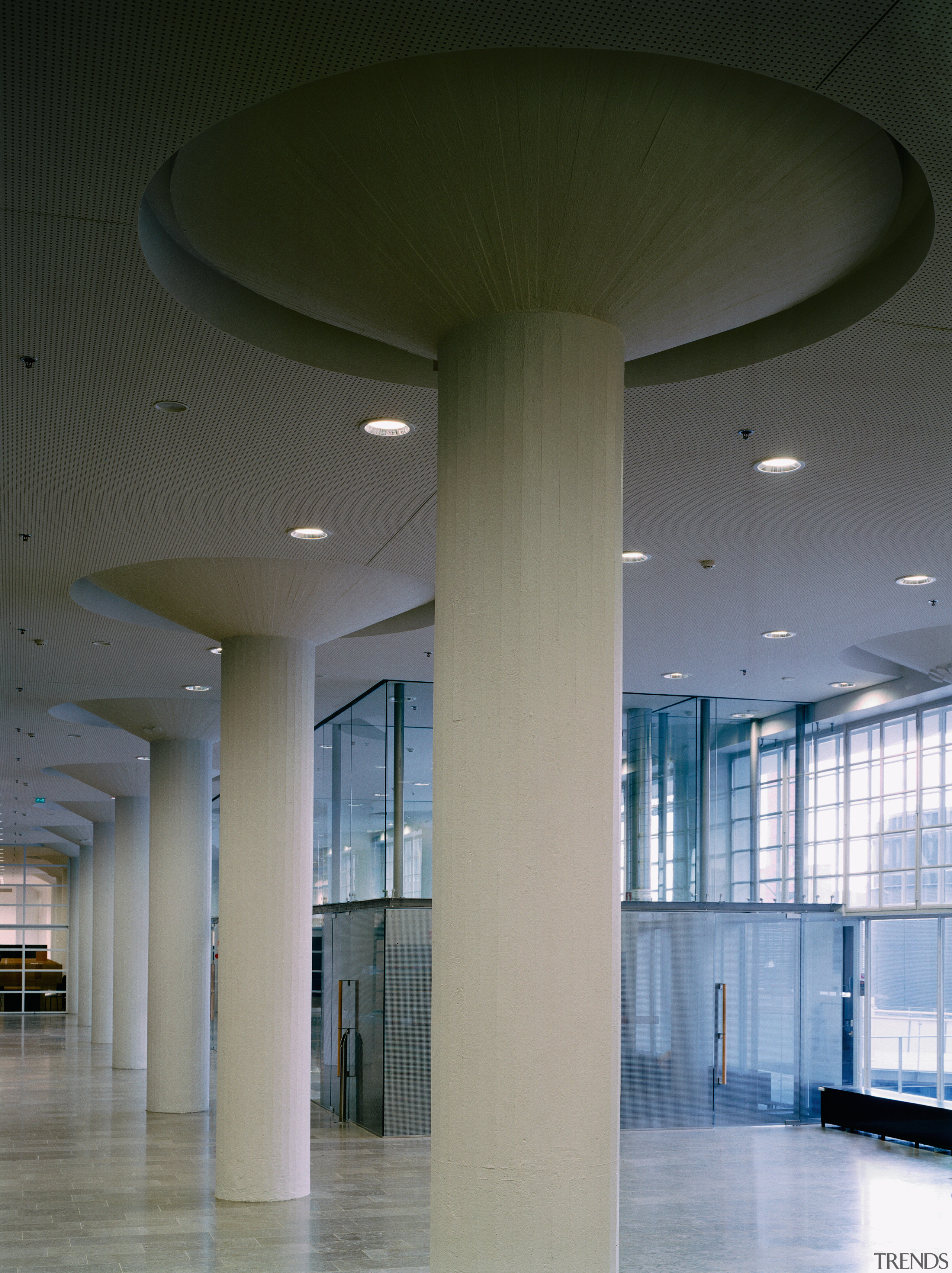 A view of the lobby area. - A architecture, ceiling, column, daylighting, daytime, glass, interior design, lobby, structure, tourist attraction, gray