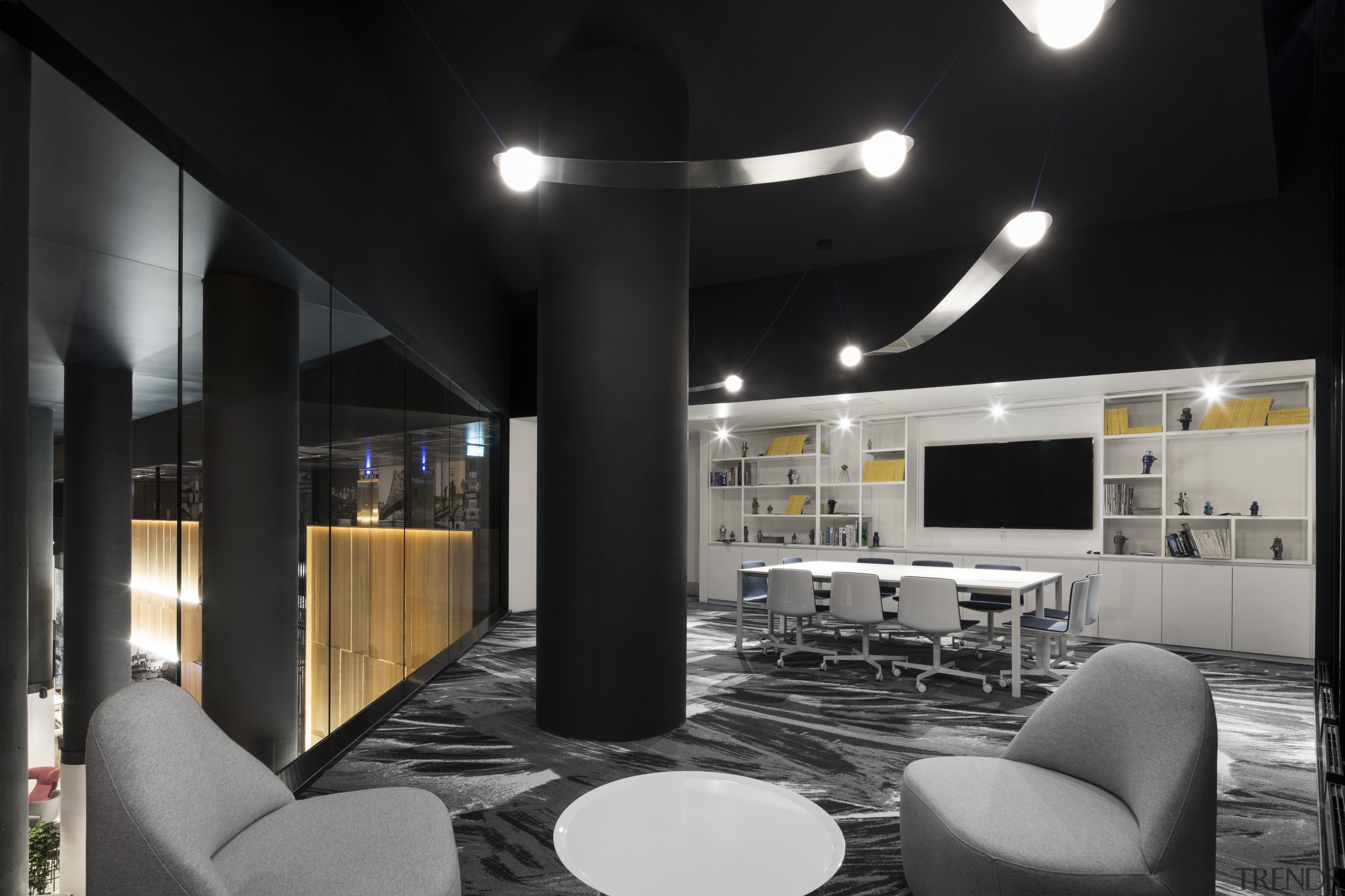 A meeting and library space overlooks the triple-height architecture, building, design, furniture, Hotel Monville, ACDF Architecture, meeting space, library