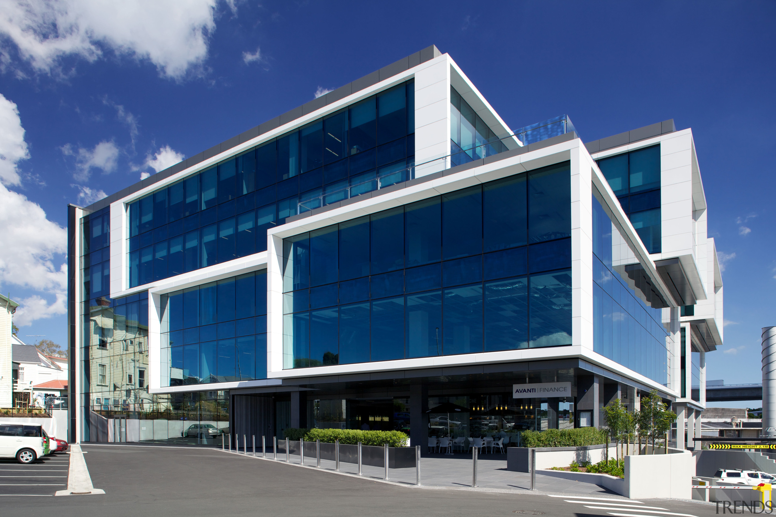 Watercare House in Newmarket boasts a strong street architecture, building, commercial building, corporate headquarters, elevation, facade, headquarters, mixed use, property, real estate, sky, blue