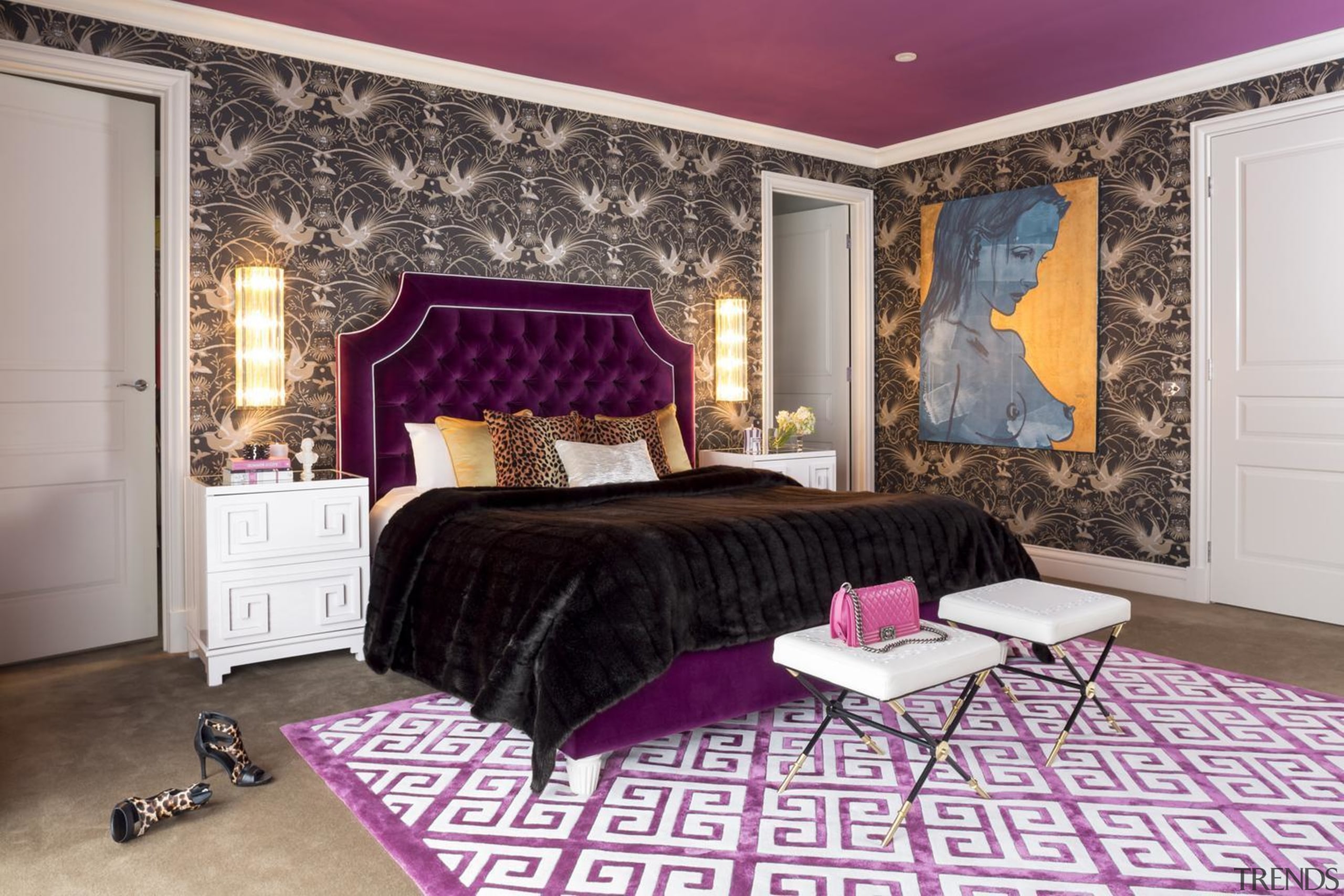 Master bedroom by Massimo Interiors bed frame, bed sheet, bedroom, ceiling, furniture, home, interior design, purple, room, wall, window treatment, gray