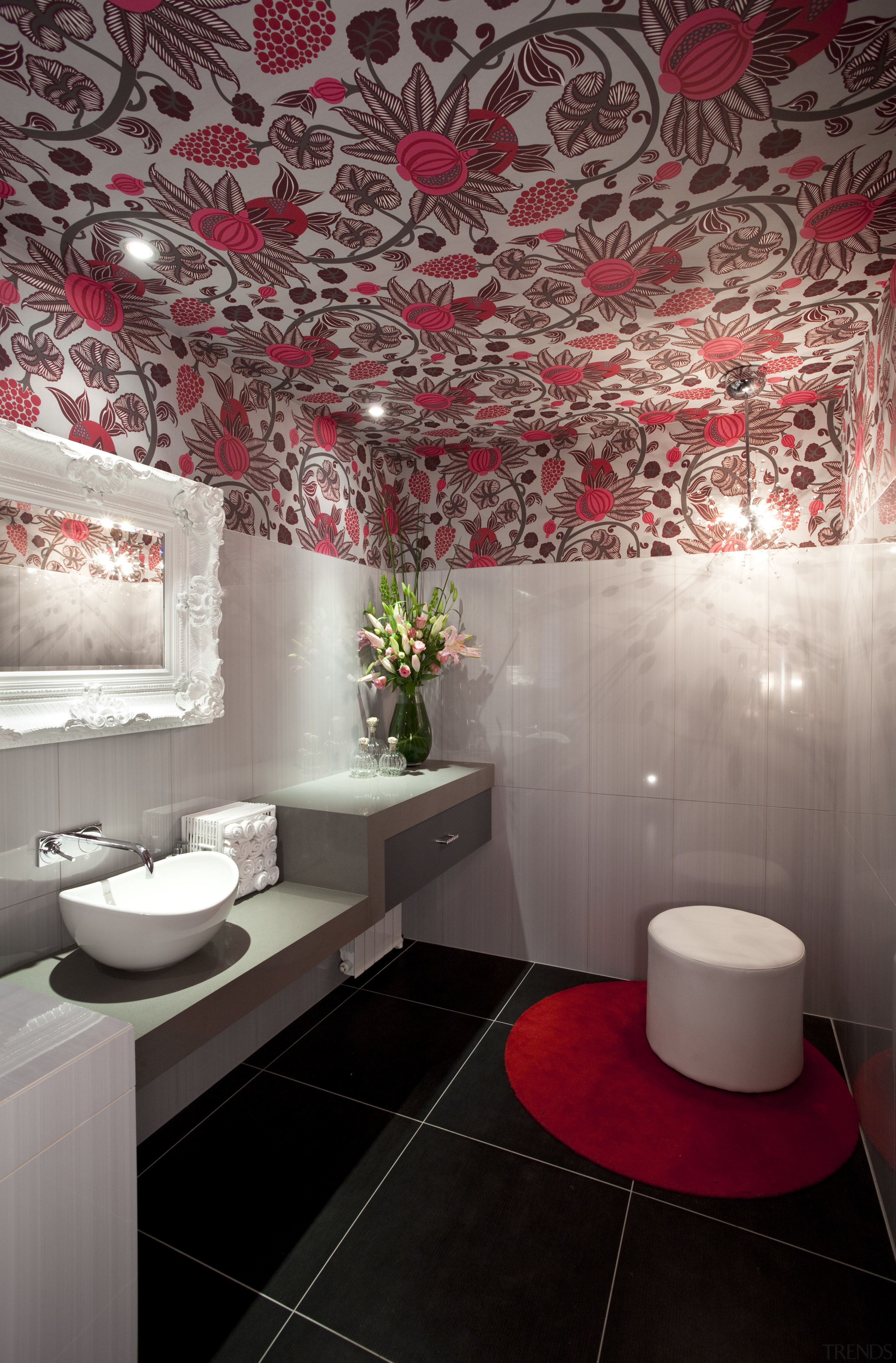 Bathroom with red flower patterned ceiling, black tile architecture, bathroom, ceiling, floor, home, interior design, room, tile, wall, wallpaper, gray, red