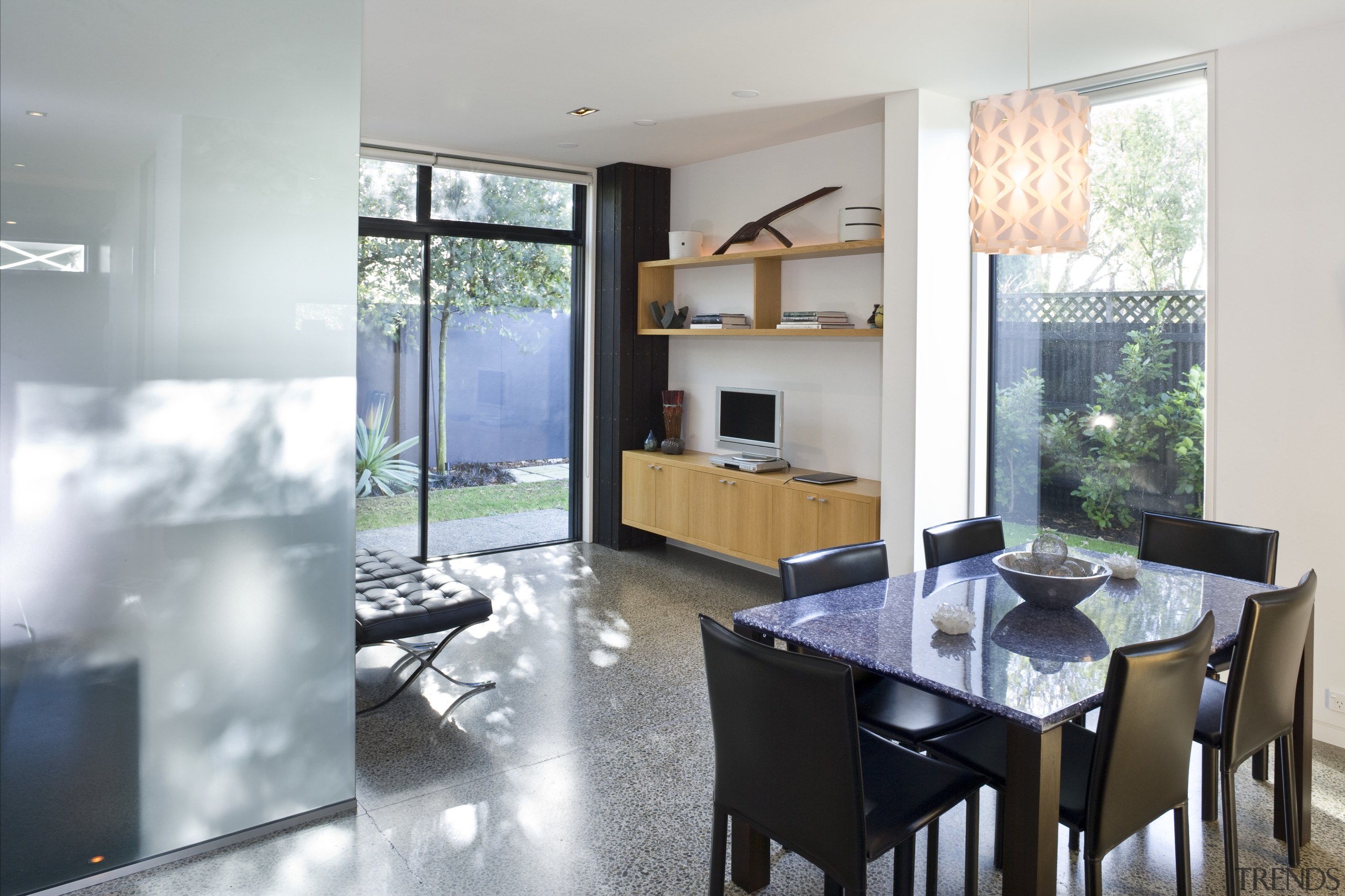 View of dining area which features a contemporary architecture, dining room, house, interior design, living room, property, real estate, room, table, window, gray