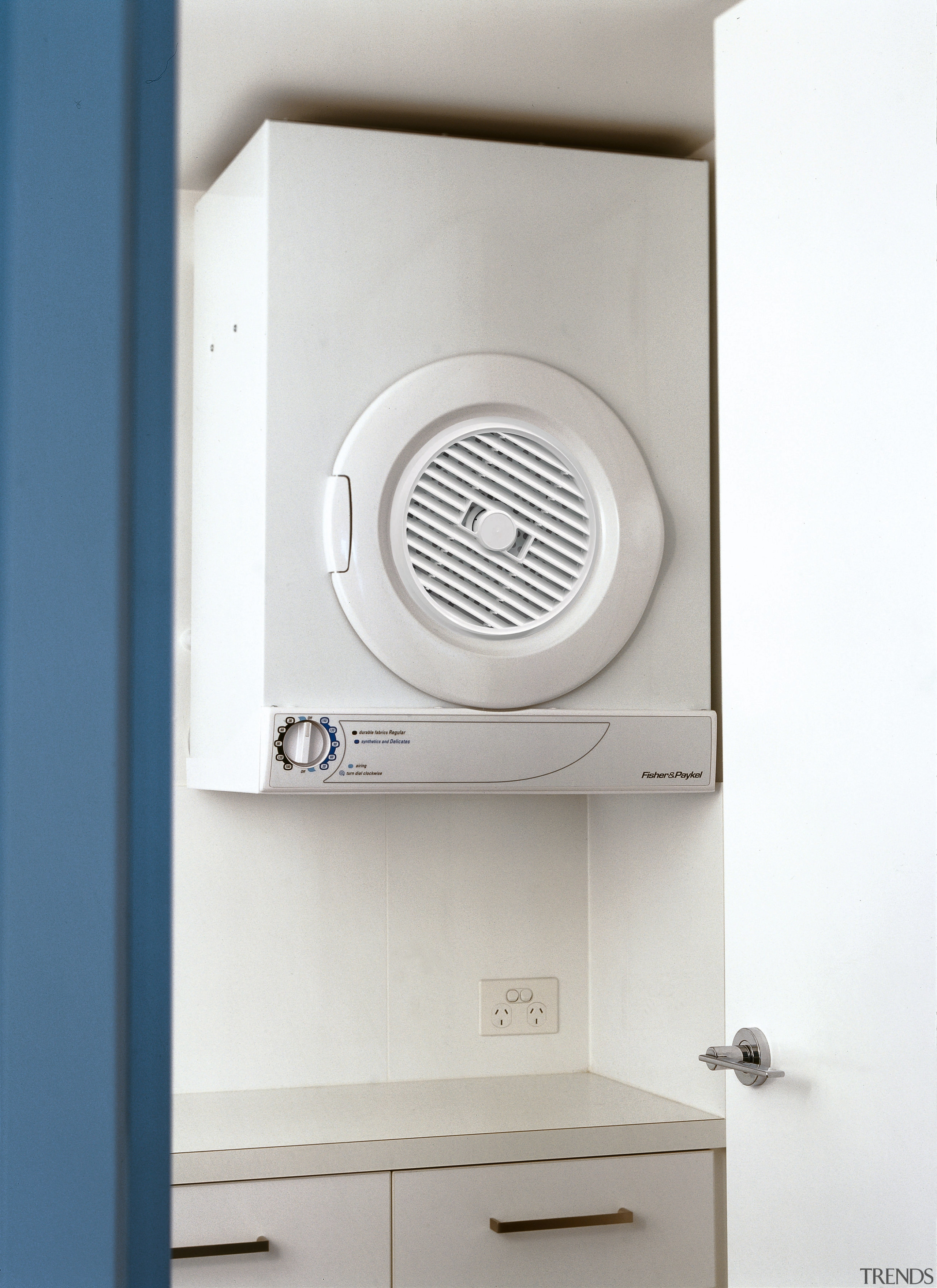 Dryer suspended on wall. - Dryer suspended on home appliance, product, product design, white, gray