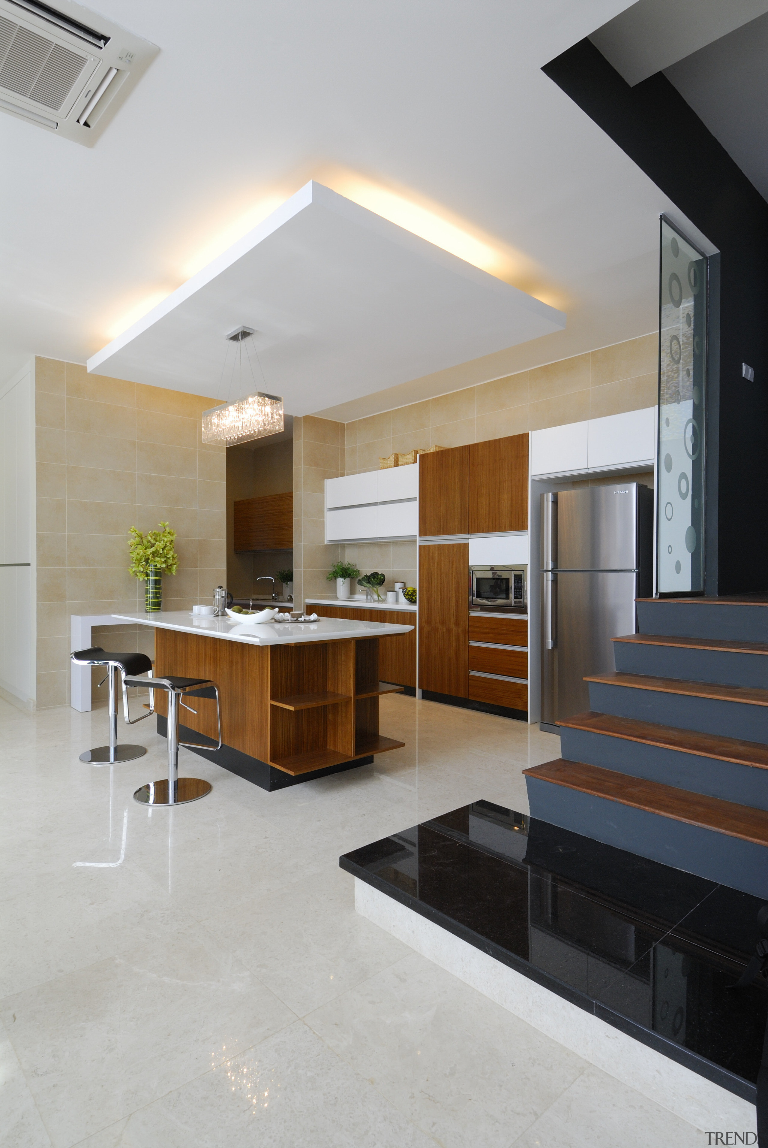 View of kitchen which features a kitchen island architecture, ceiling, countertop, daylighting, floor, house, interior design, kitchen, real estate, gray