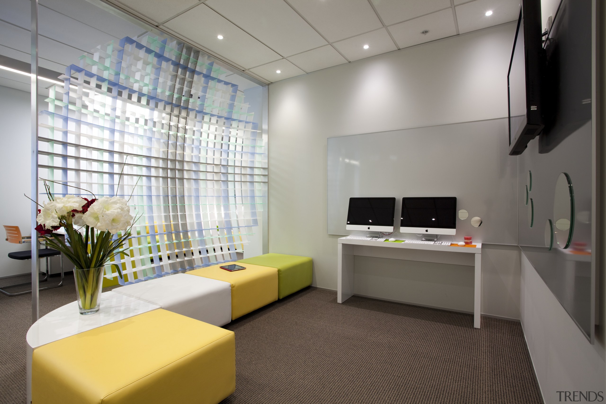 View of cream, yellow and lime seats with ceiling, interior design, gray