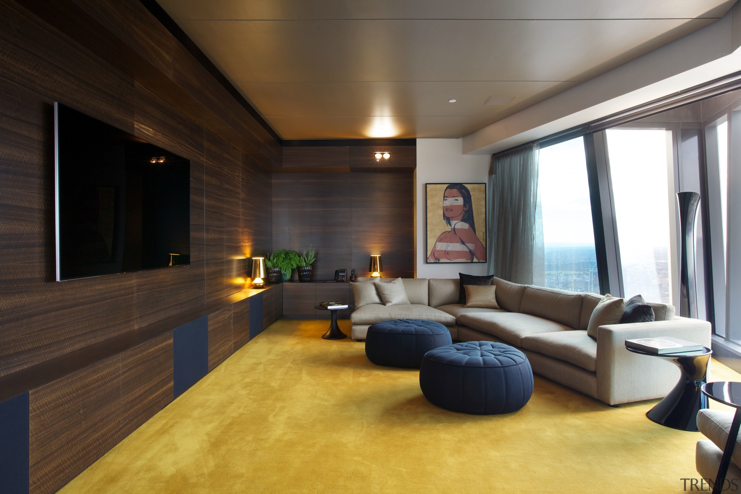 Media room in Eureka apartment, by the team ceiling, floor, flooring, hardwood, house, interior design, living room, lobby, real estate, room, wood flooring, black