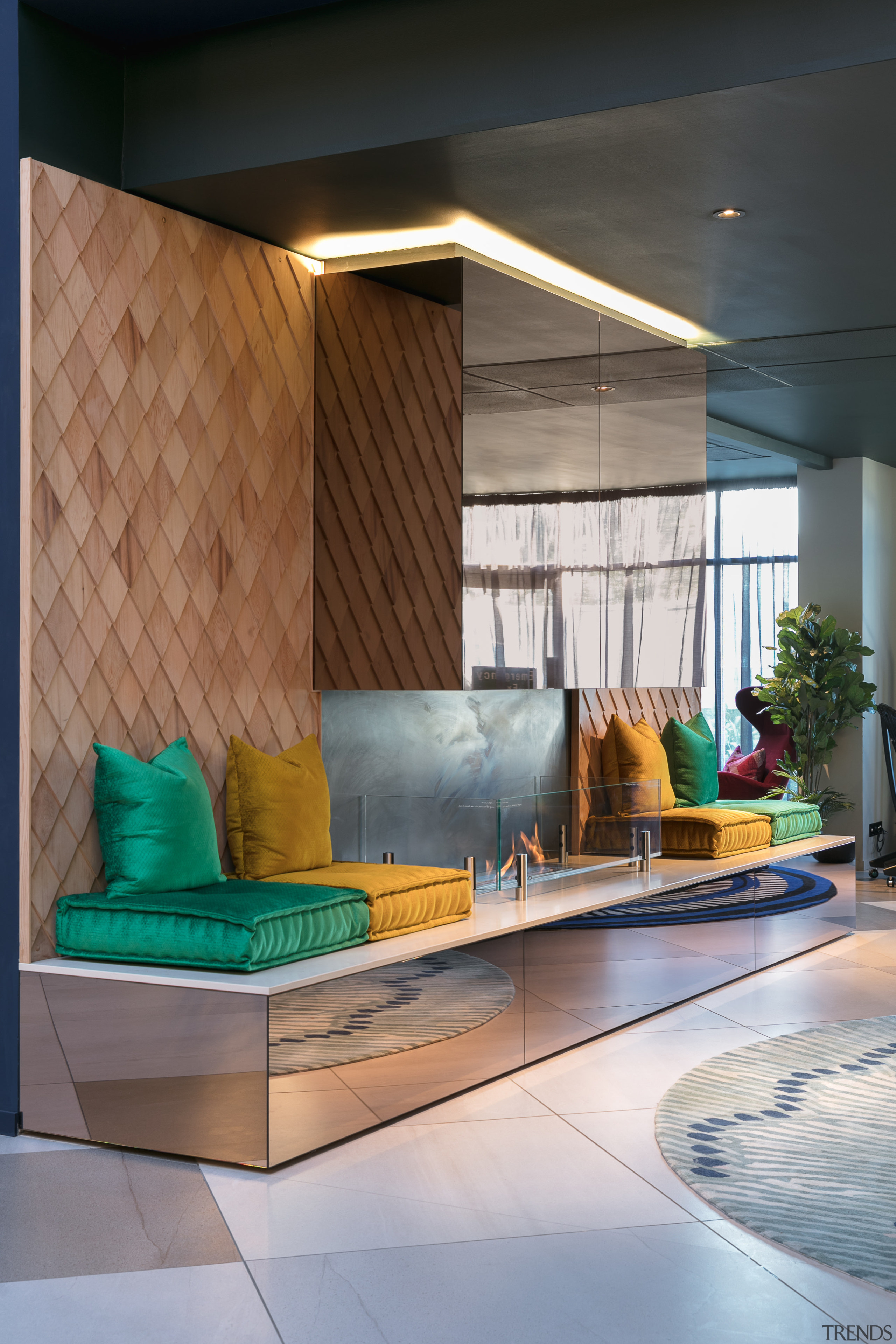 A mirror and tile-faced niche is one of architecture, ceiling, floor, furniture, home, house, interior design, living room, lobby, wall, gray