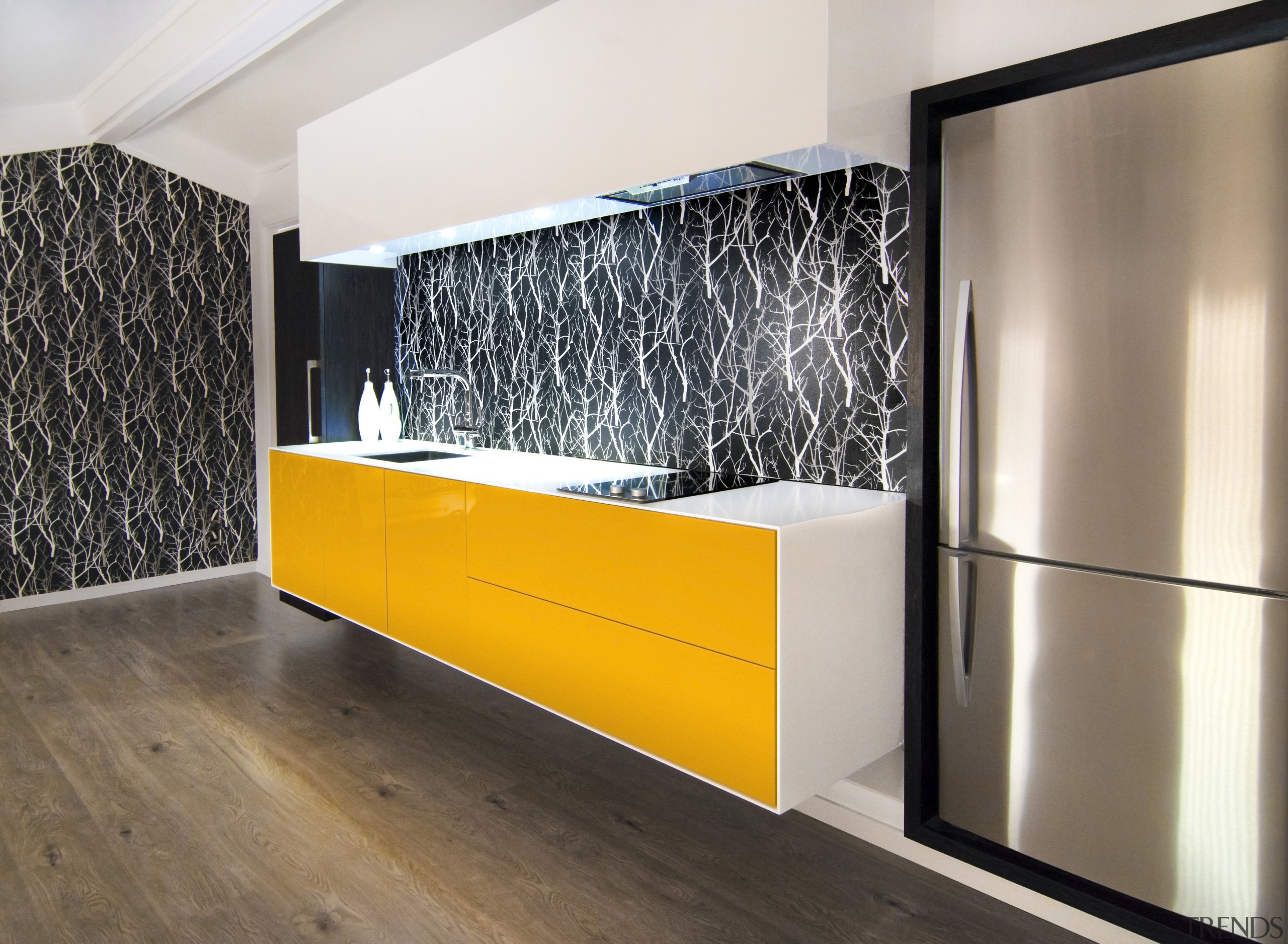 Resene Fuel Yellow lacquer features on the doors floor, flooring, furniture, interior design, product design, wall, white